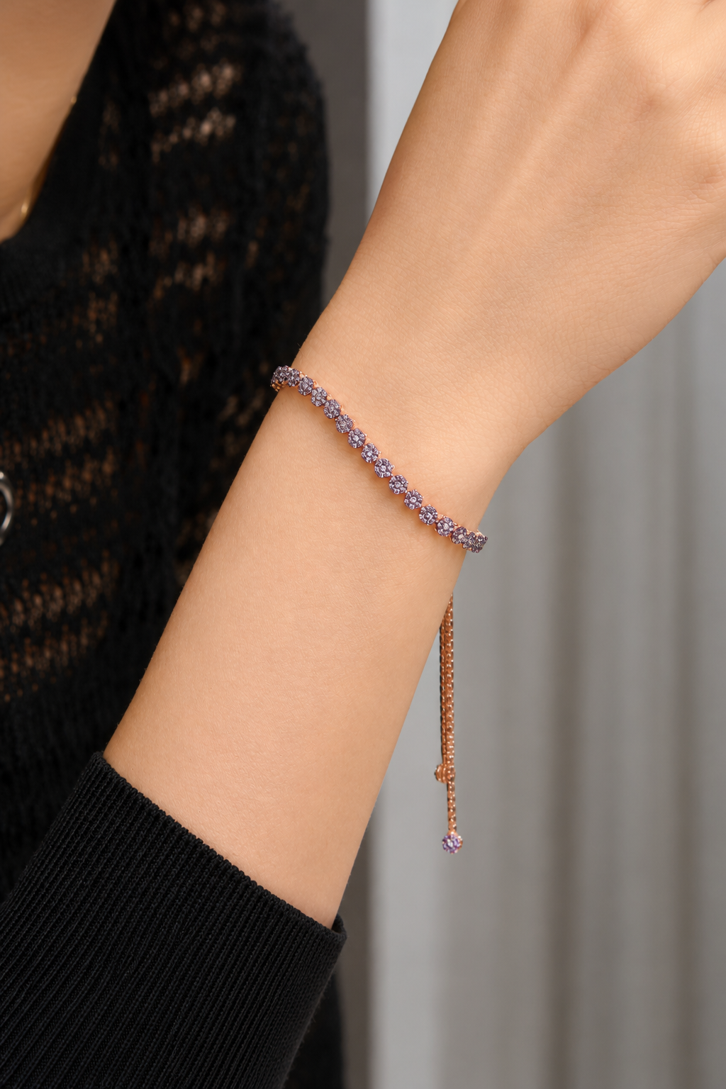 925 Ayar Rose Kaplama Ametist Taşlı Asansörlü Gümüş Bileklik