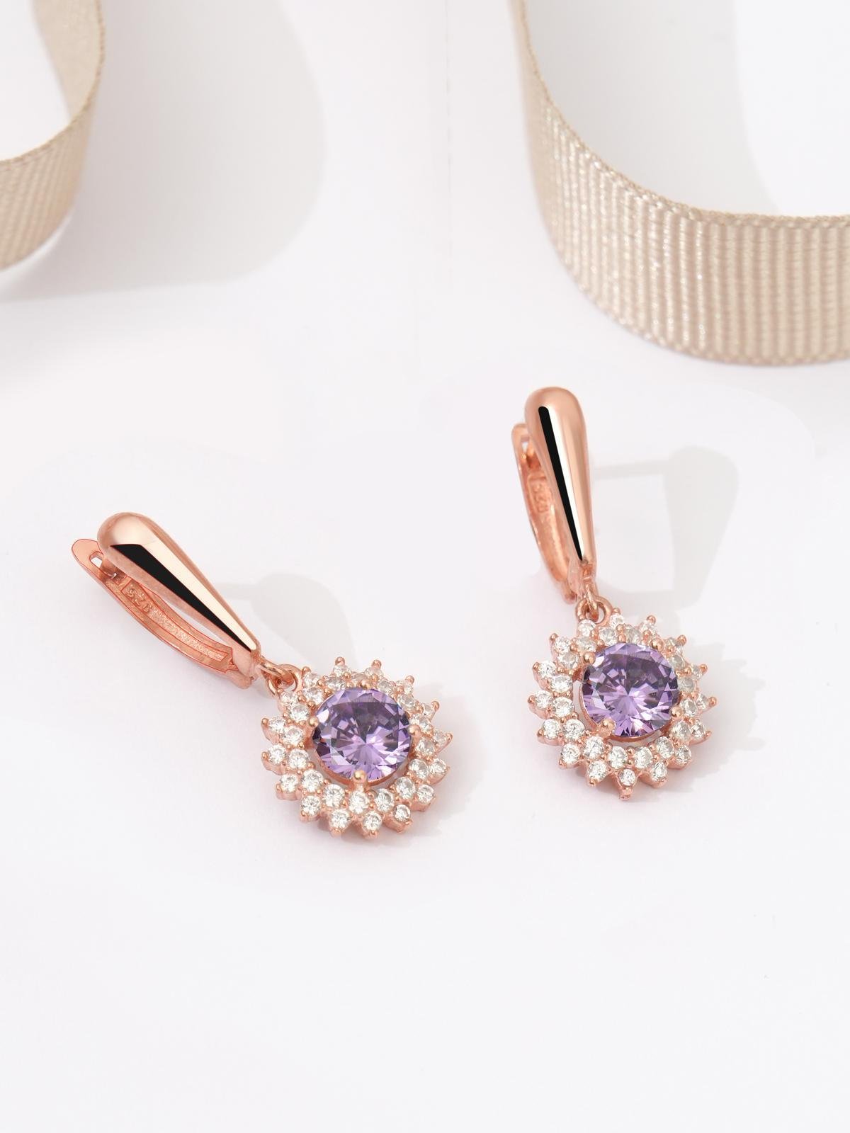925 AYAR ROSE KAPLAMA AMETİST TAŞLI  ÇİÇEK MODEL GÜMÜŞ SET