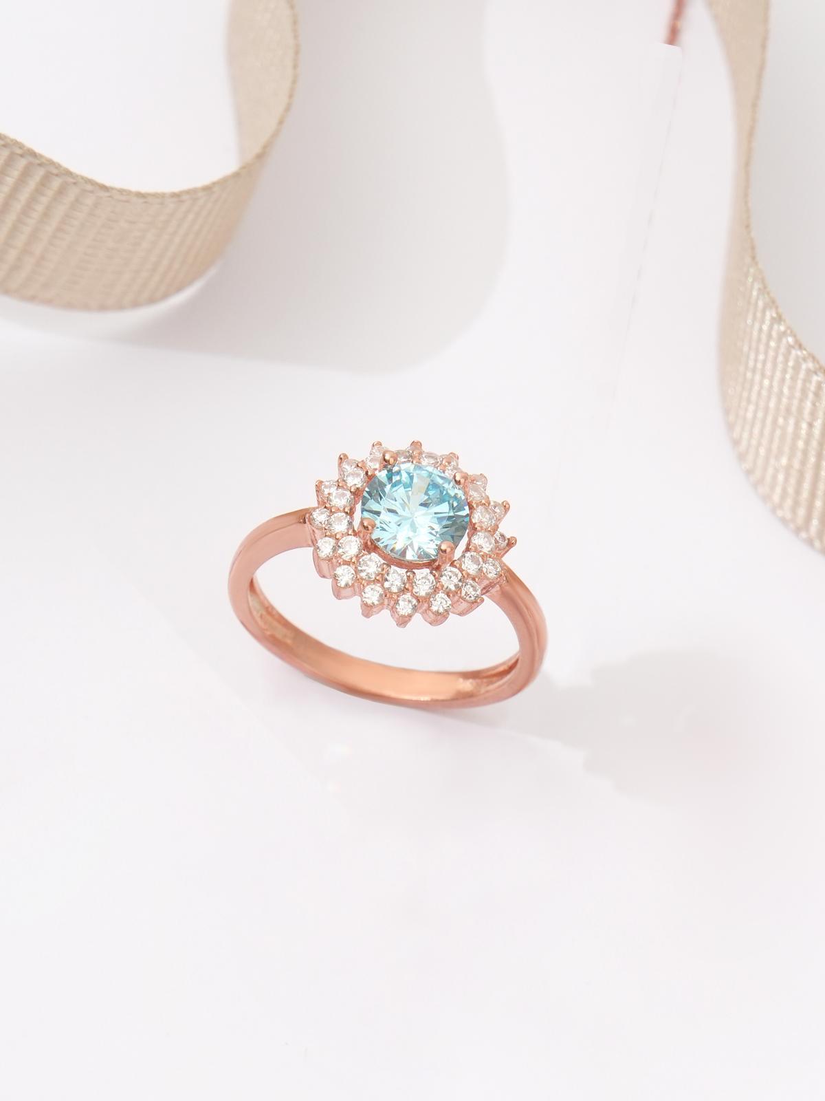 925 AYAR ROSE KAPLAMA AQUA MARİN TAŞLI ÇİÇEK MODEL GÜMÜŞ YÜZÜK