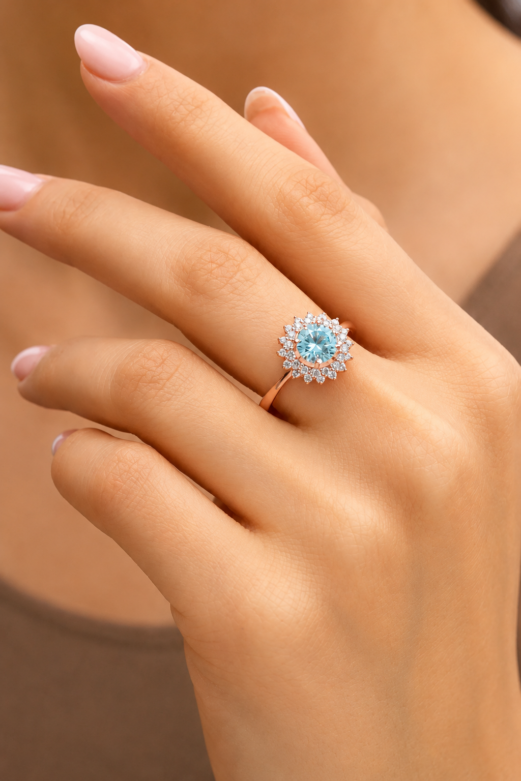 925 AYAR ROSE KAPLAMA AQUA MARİN TAŞLI ÇİÇEK MODEL GÜMÜŞ YÜZÜK