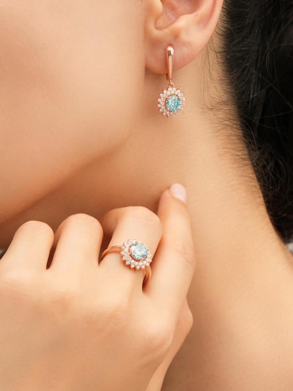 925 AYAR ROSE KAPLAMA AQUA MARİN TAŞLI ÇİÇEK MODEL GÜMÜŞ LKÜPE
