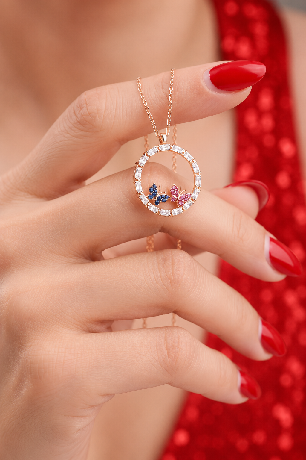 925 AYAR ROSE KAPLAMA BAGET TAŞLI KELEBEK GÜMÜŞ KOLYE