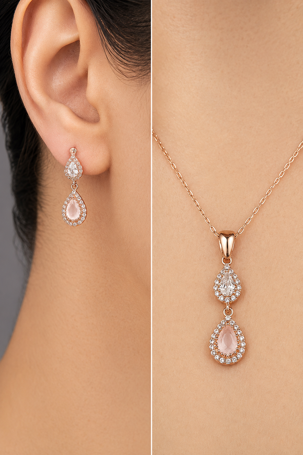 925 AYAR ROSE KAPLAMA  DAMLA PEMBE KUVARS TAŞLI İKİLİ GÜMÜŞ SET