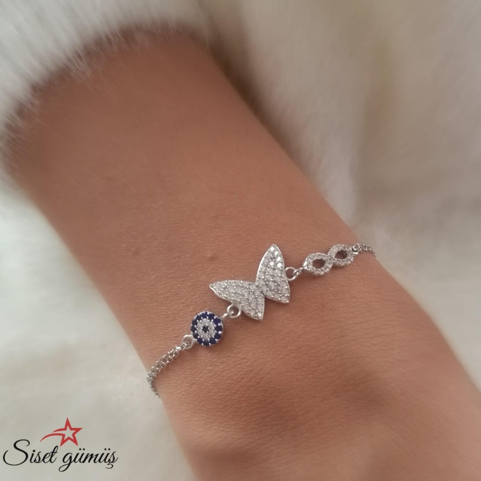 925 Ayar  Rose Kaplama Kelebekli Sonsuzluk Gümüş  Bileklik