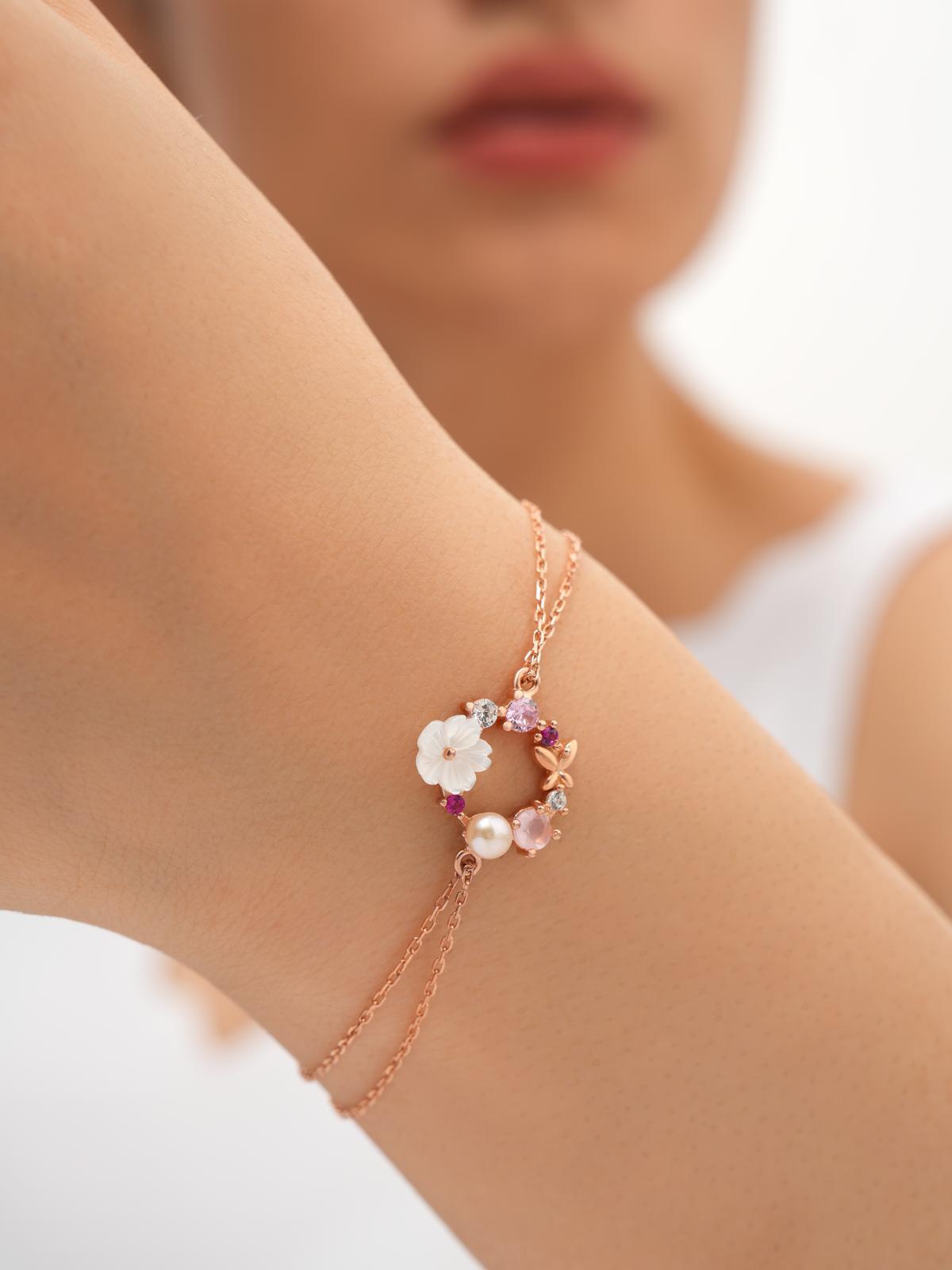 925 AYAR ROSE KAPLAMA  MANOLYA ÇİÇEKLİ GÜMÜŞ BİLEKLİK
