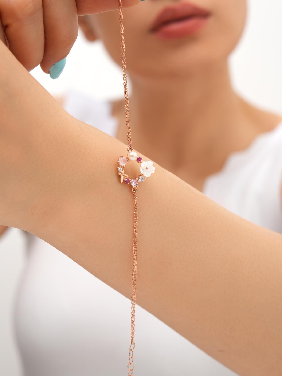 925 AYAR ROSE KAPLAMA  MANOLYA ÇİÇEKLİ GÜMÜŞ BİLEKLİK