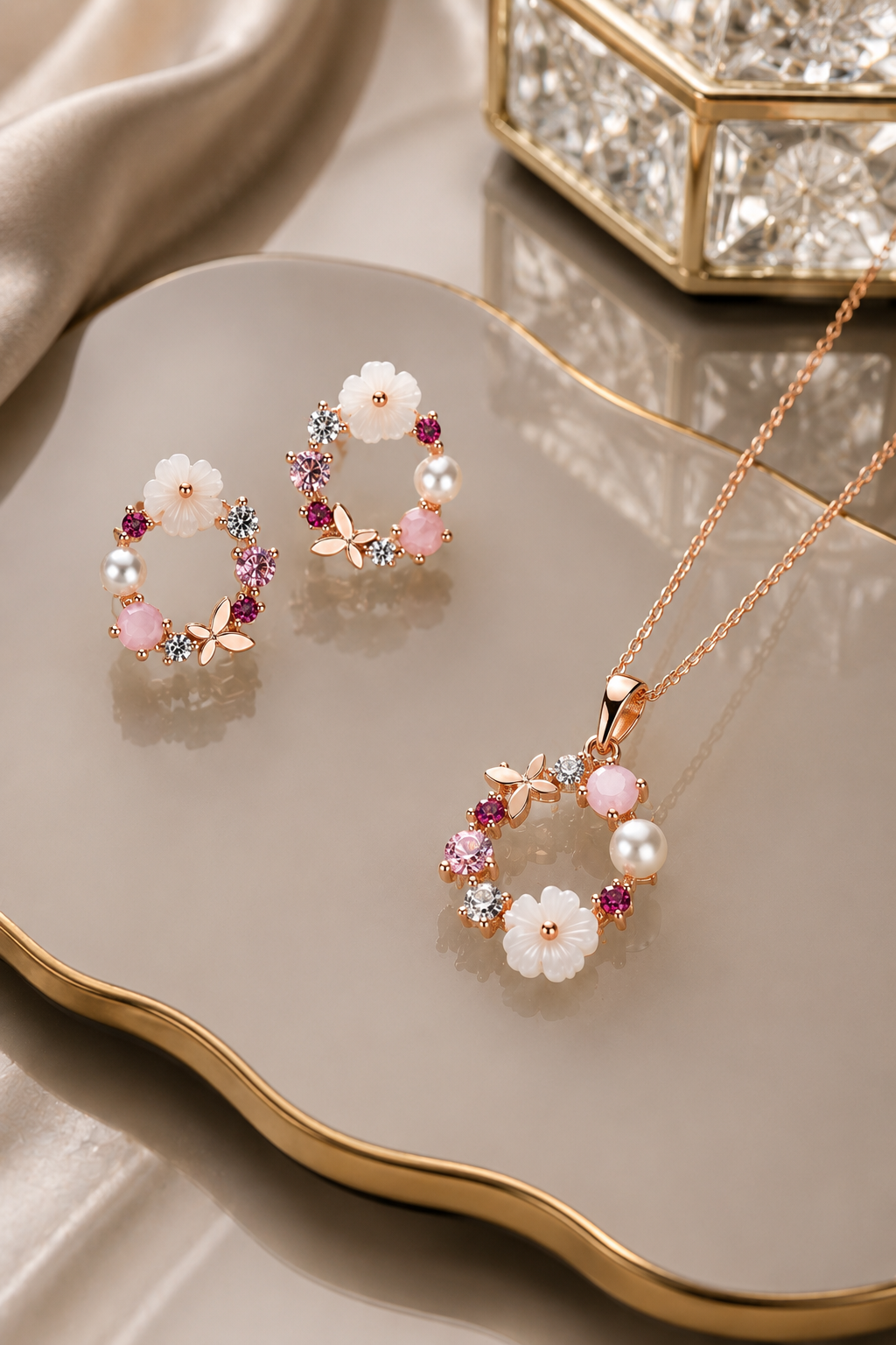 925 AYAR ROSE KAPLAMA MANOLYA ÇİÇEKLİ GÜMÜŞ SET