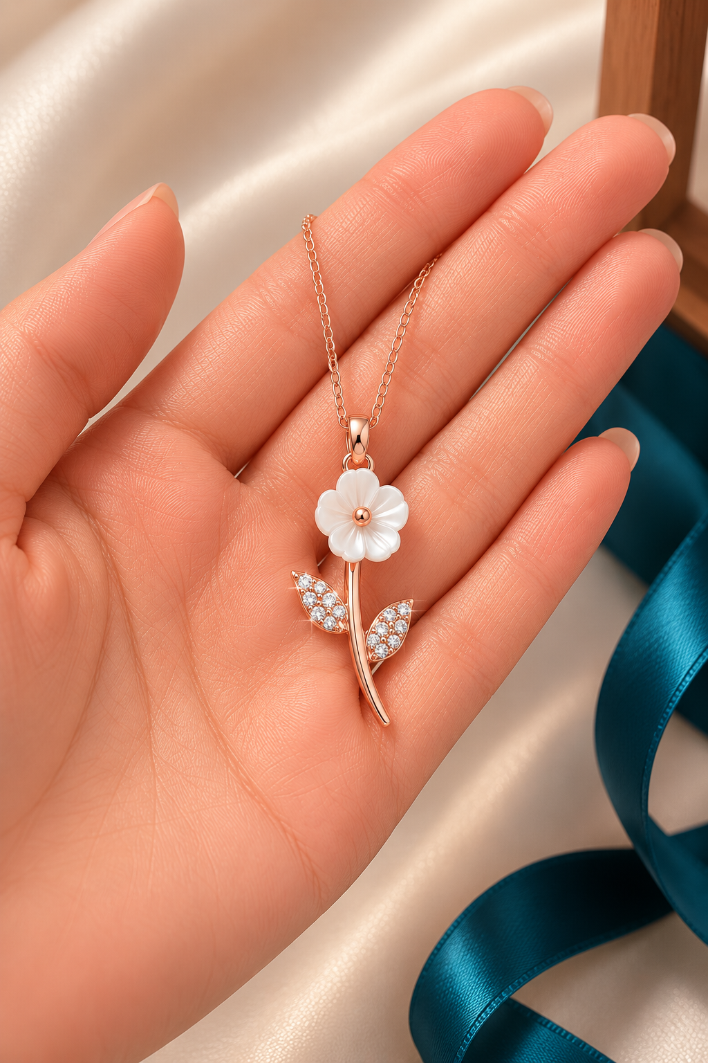 925 AYAR  ROSE KAPLAMA MANOLYA ÇİÇEKLİ YAPRAK GÜMÜŞ KOLYE