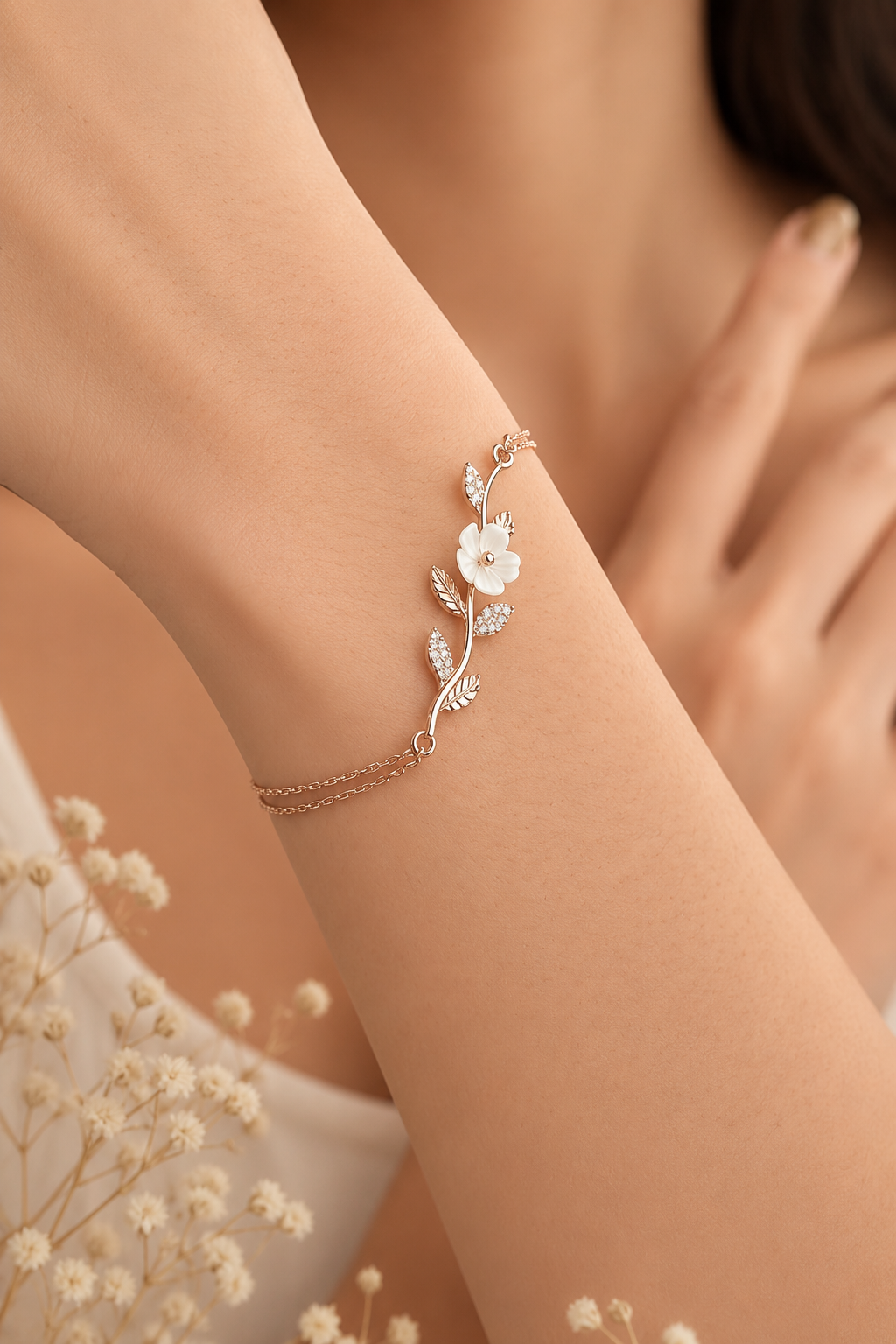 925 AYAR  ROSE KAPLAMA MANOLYA ÇİÇEKLİ YAPRAK MODEL GÜMÜŞ BİLEKLİK