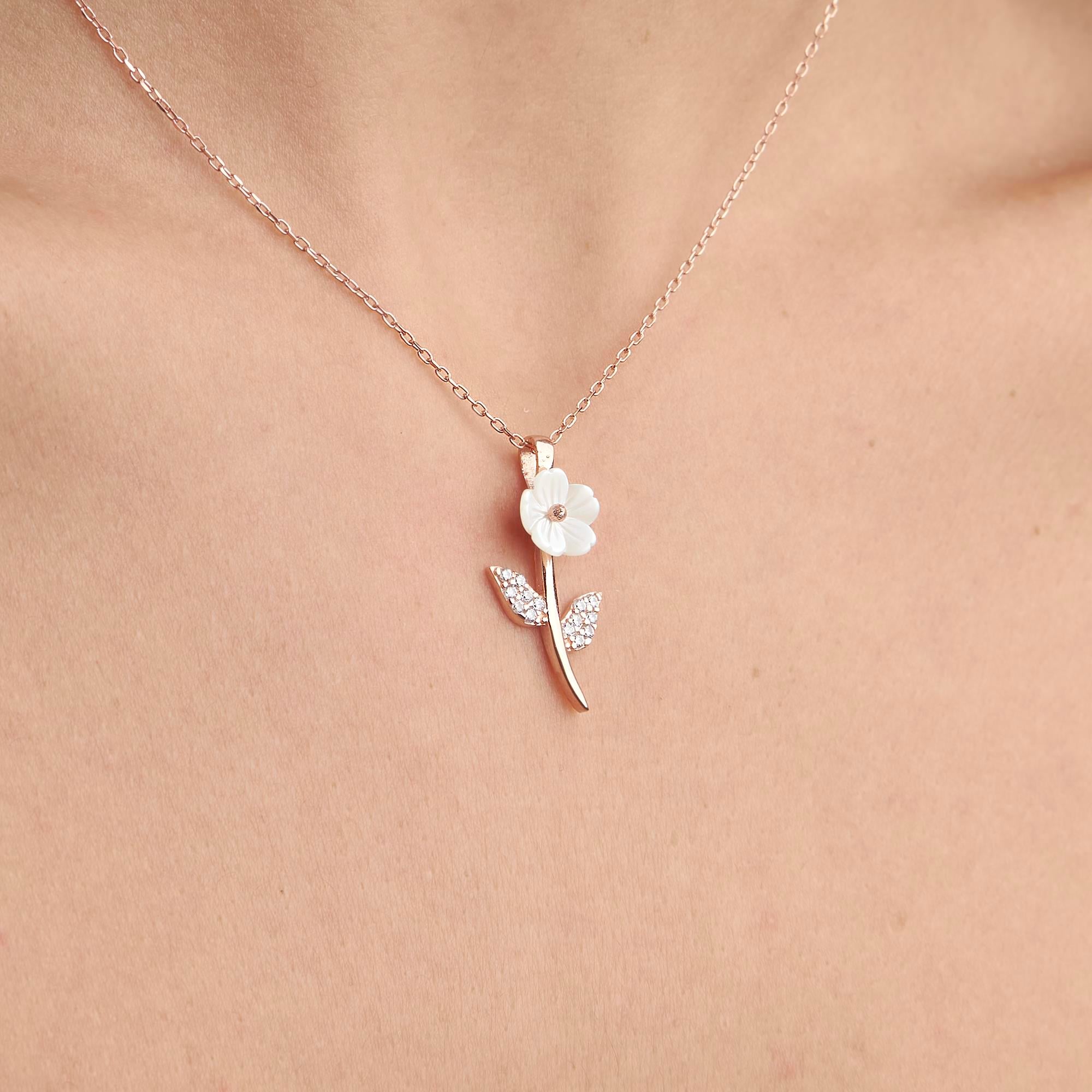 925 AYAR ROSE KAPLAMA MANOLYA ÇİÇEKLİ YAPRAK MODEL KOLYE-BİLEKLİK İKİLİ GÜMÜŞ SET