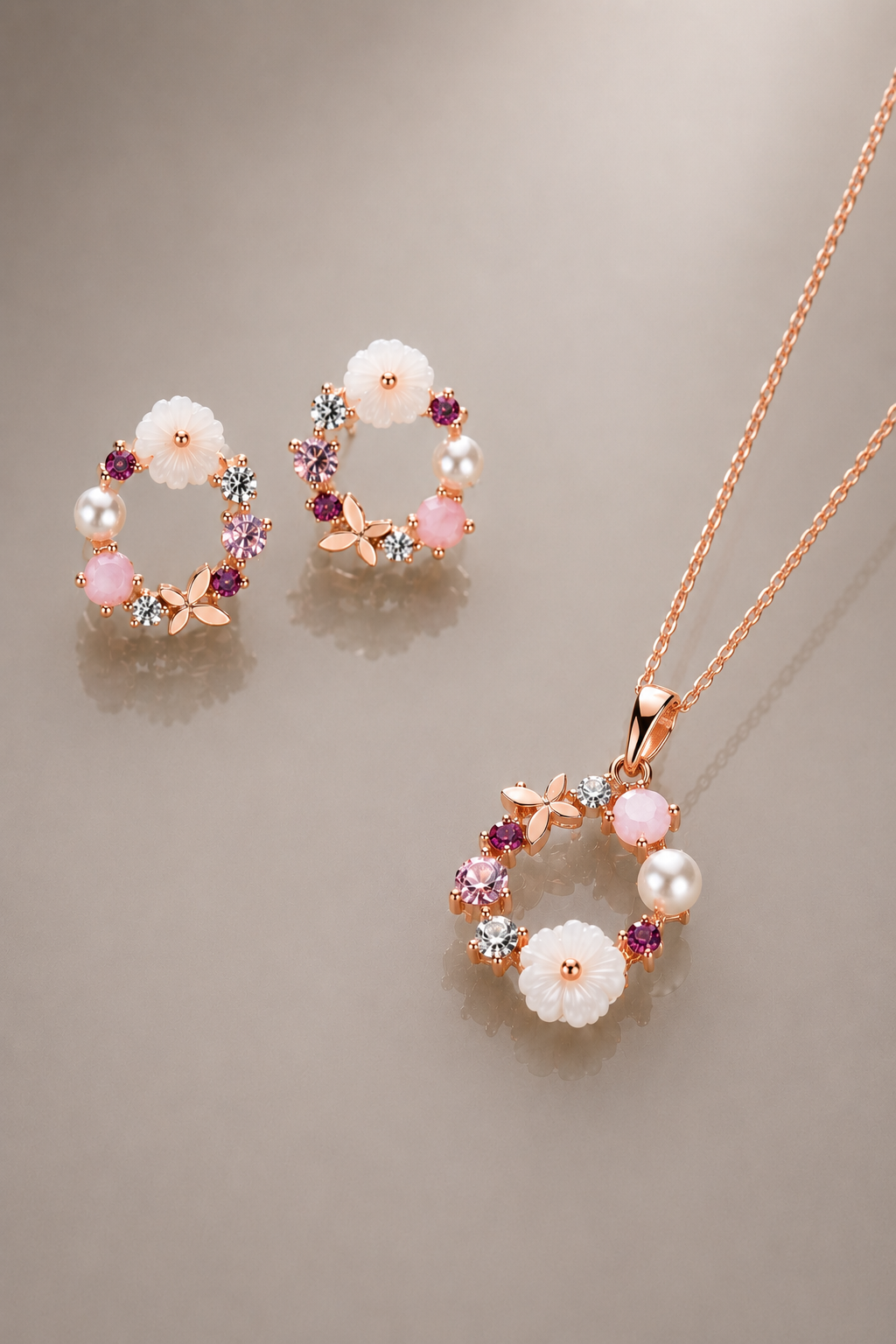 925 AYAR ROSE KAPLAMA MANOLYA ÇİÇEKLİ GÜMÜŞ SET