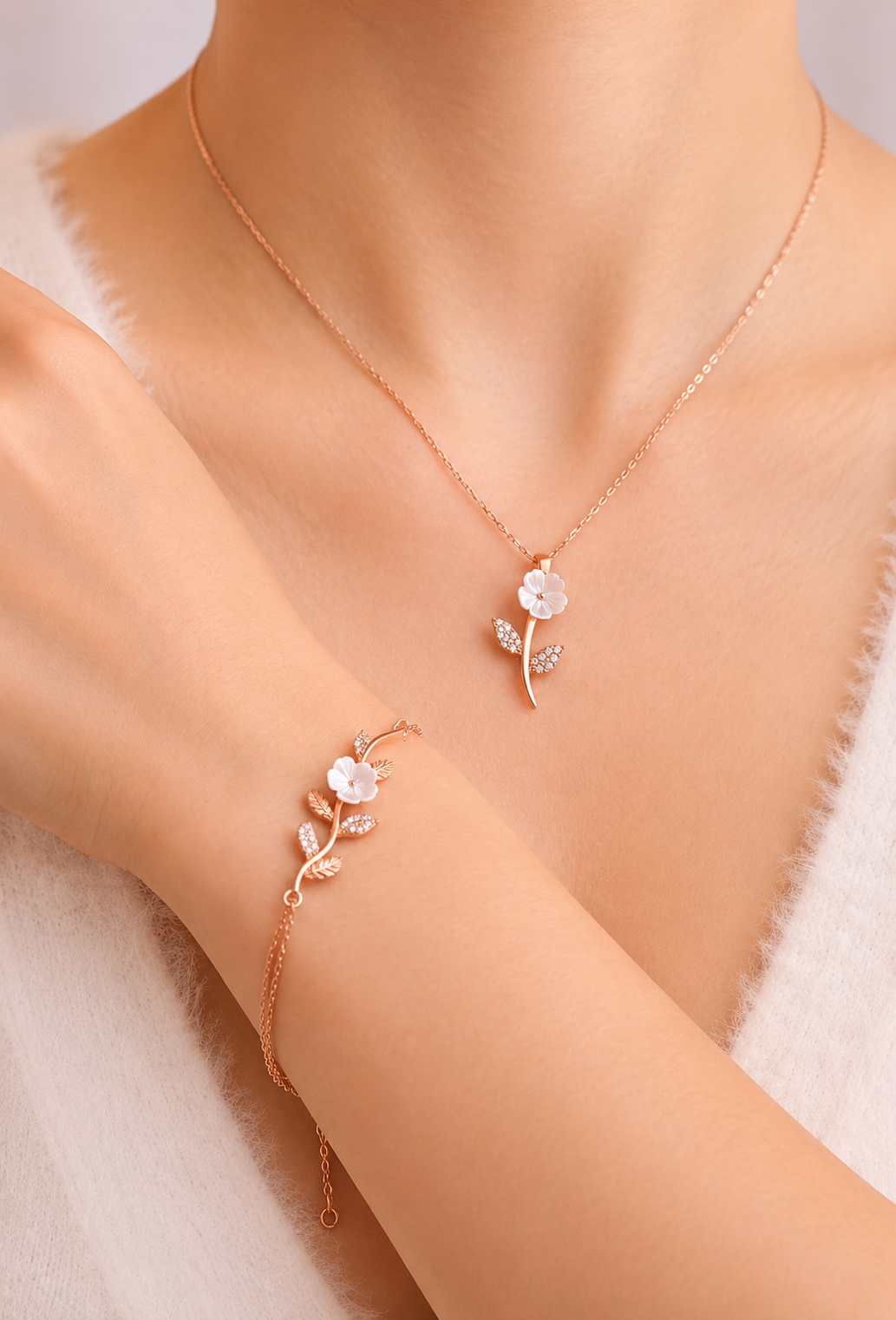 925 AYAR ROSE KAPLAMA MANOLYA ÇİÇEKLİ YAPRAK MODEL KOLYE-BİLEKLİK İKİLİ GÜMÜŞ SET