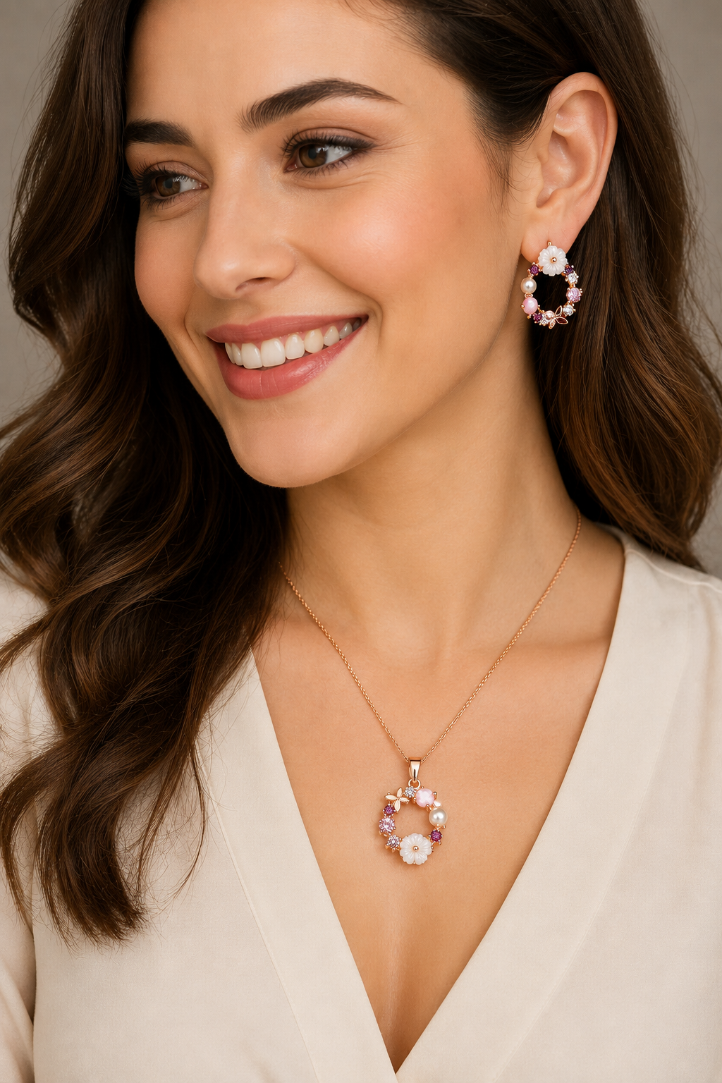 925 AYAR ROSE KAPLAMA MANOLYA ÇİÇEKLİ GÜMÜŞ SET