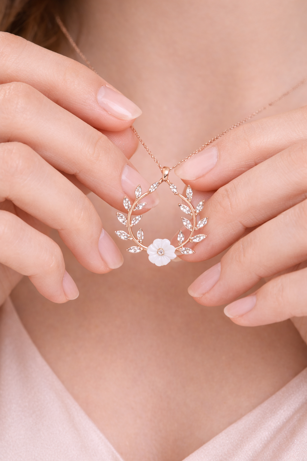 925 AYAR ROSE KAPLAMA MANOLYA ÇİÇEKLİ YAPRAK GÜMÜŞ KOLYE
