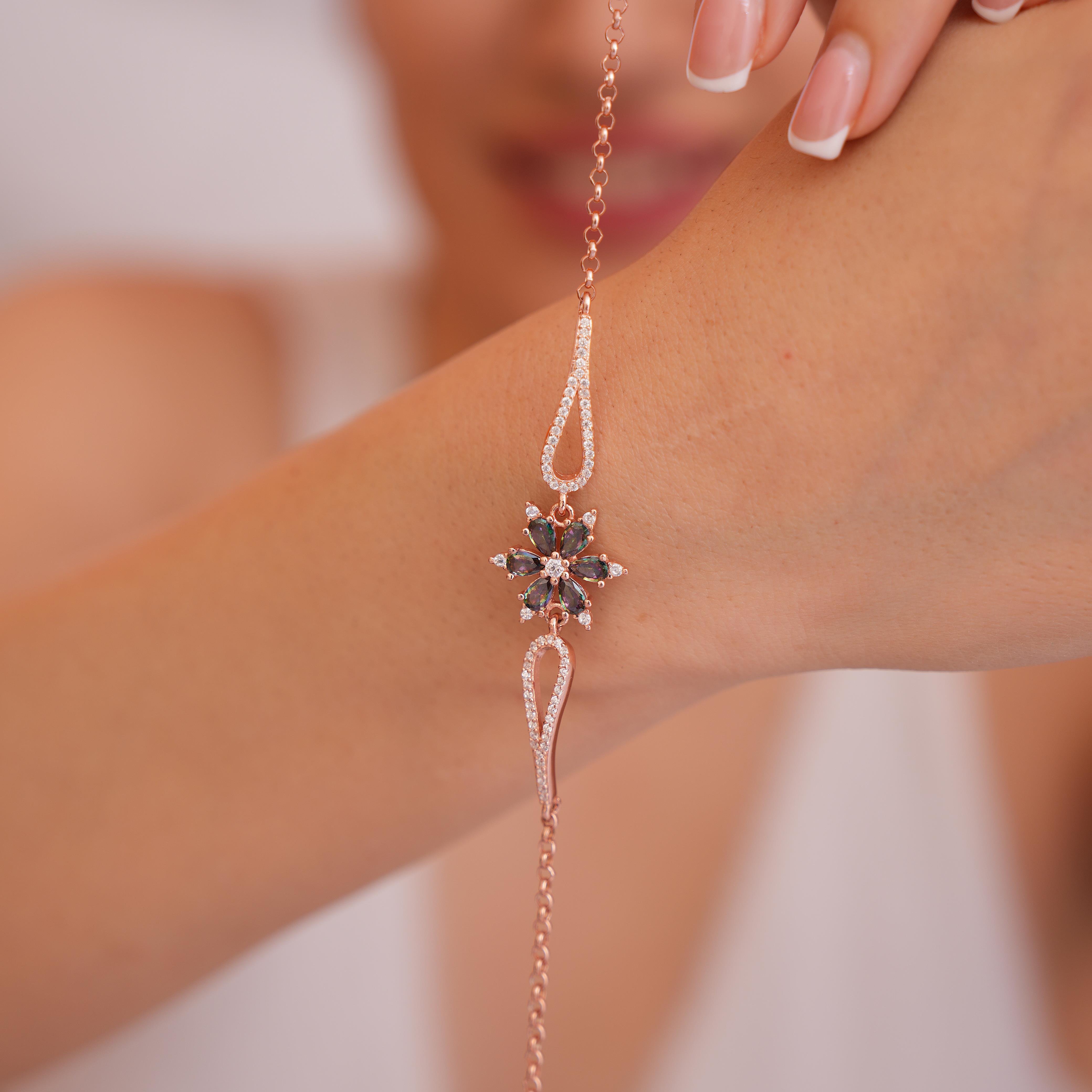 925 AYAR ROSE KAPLAMA MİSTİK TOPAZ TAŞLI LOTUS GÜMÜŞ BİLEKLİK