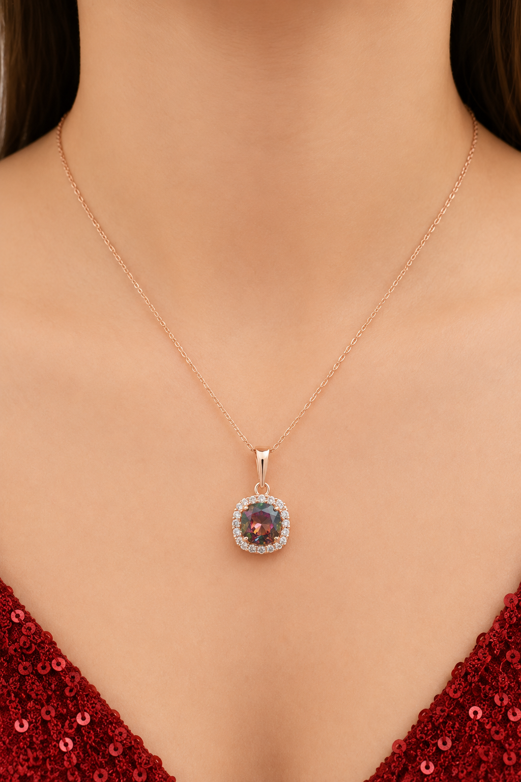 925 AYAR ROSE KAPLAMA MİSTİK TOPAZ TEK TAŞLI GÜMÜŞ KOLYE
