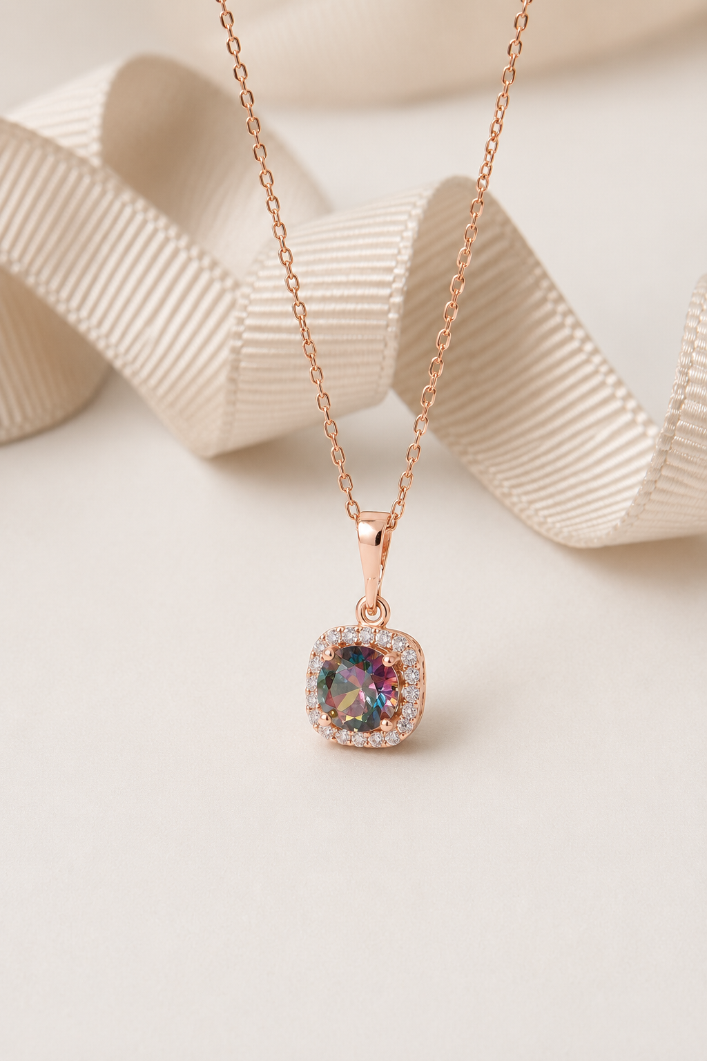 925 AYAR ROSE KAPLAMA MİSTİK TOPAZ TEK TAŞLI GÜMÜŞ KOLYE
