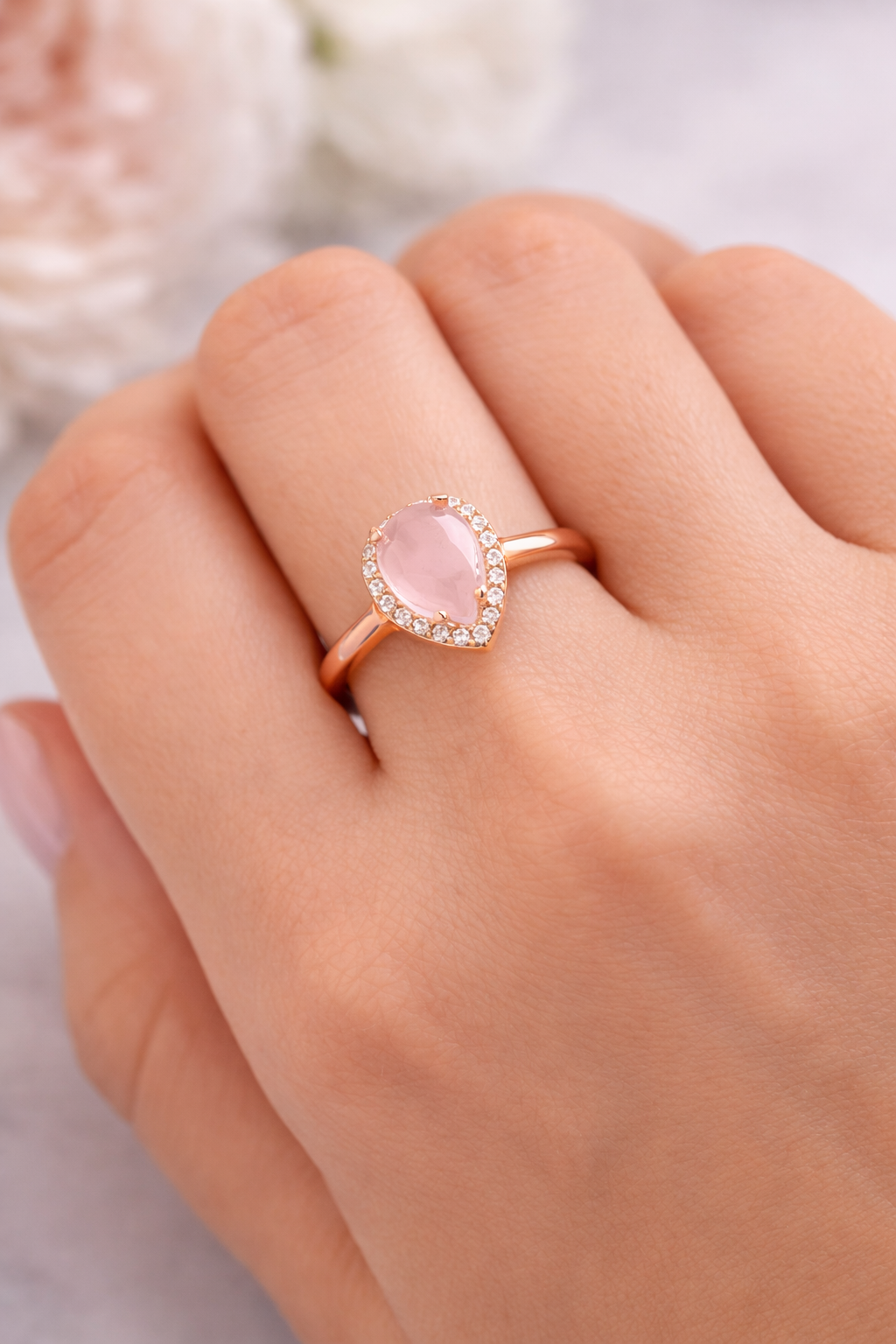 925 Ayar Rose Kaplama Pembe Kuvars Damla Gümüş Yüzük