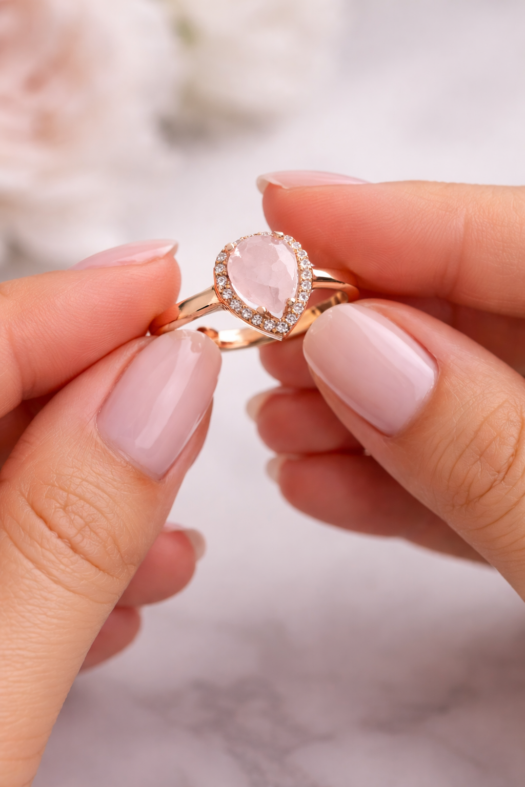 925 Ayar Rose Kaplama Pembe Kuvars Damla Gümüş Yüzük