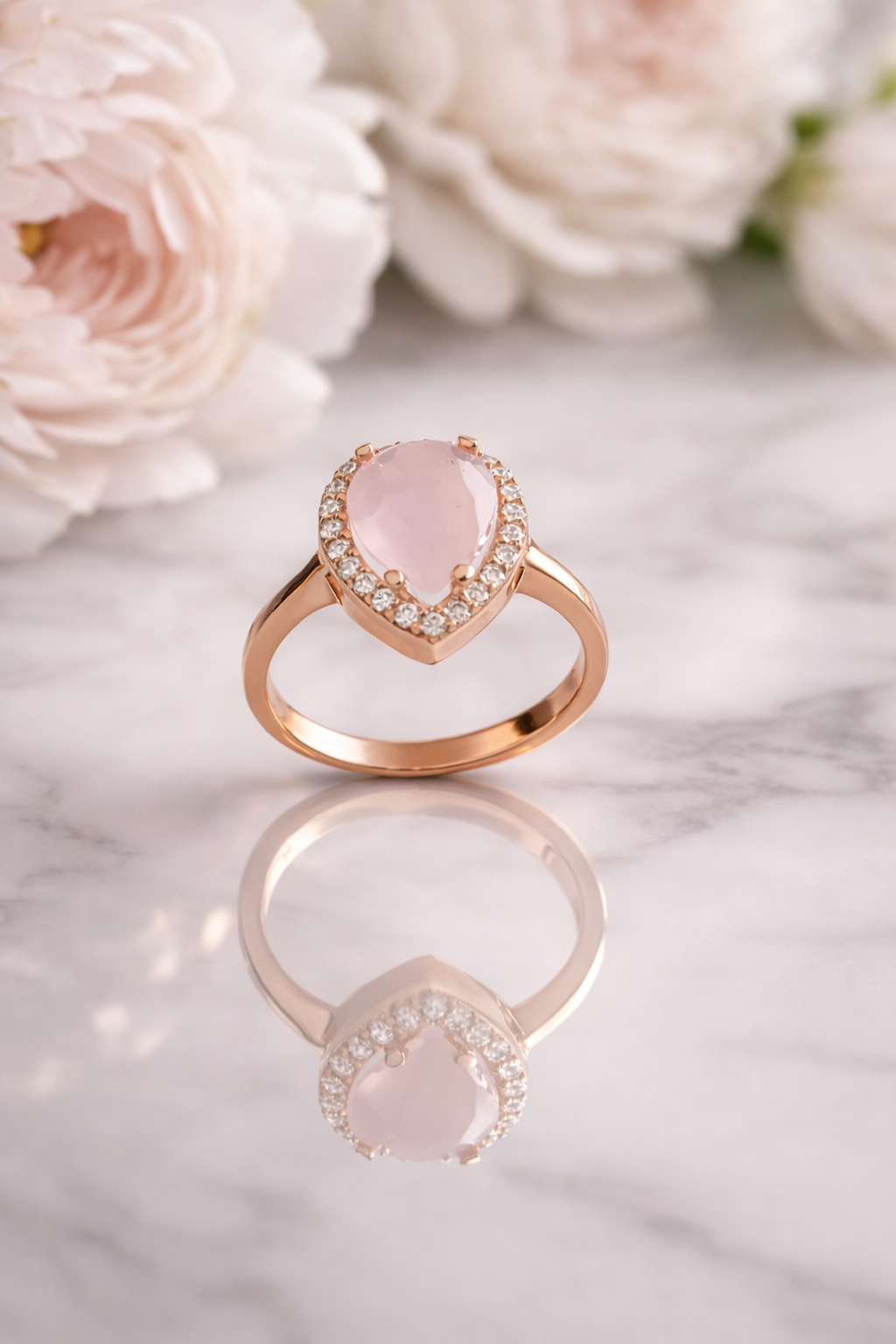 925 Ayar Rose Kaplama Pembe Kuvars Damla Gümüş Yüzük