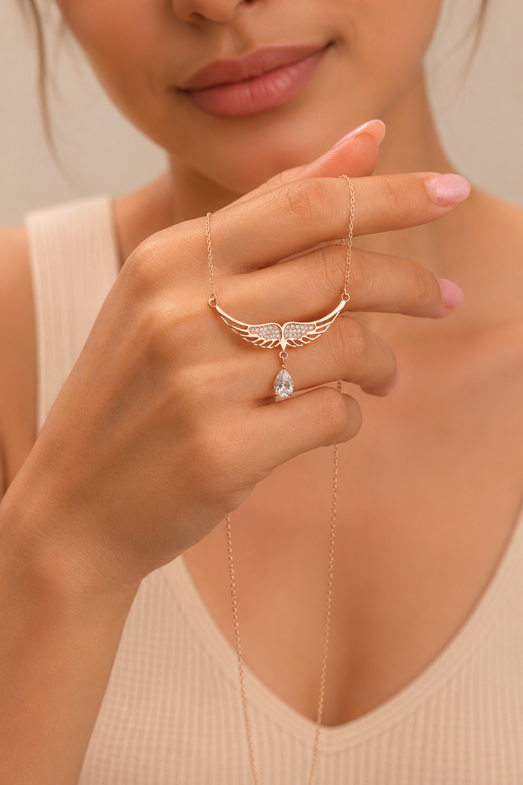 925 AYAR ROSE KAPLAMA SWAROVSKİ TAŞLI MELEK KANADI GÜMÜŞ KOLYE