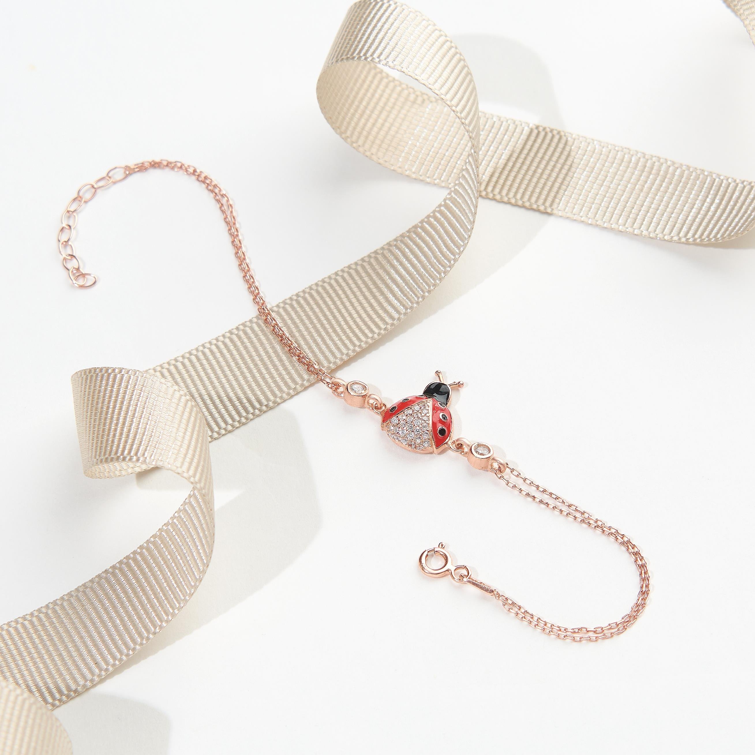 925 Ayar Rose Kaplama Uğur Böcekli Gümüş Bileklik