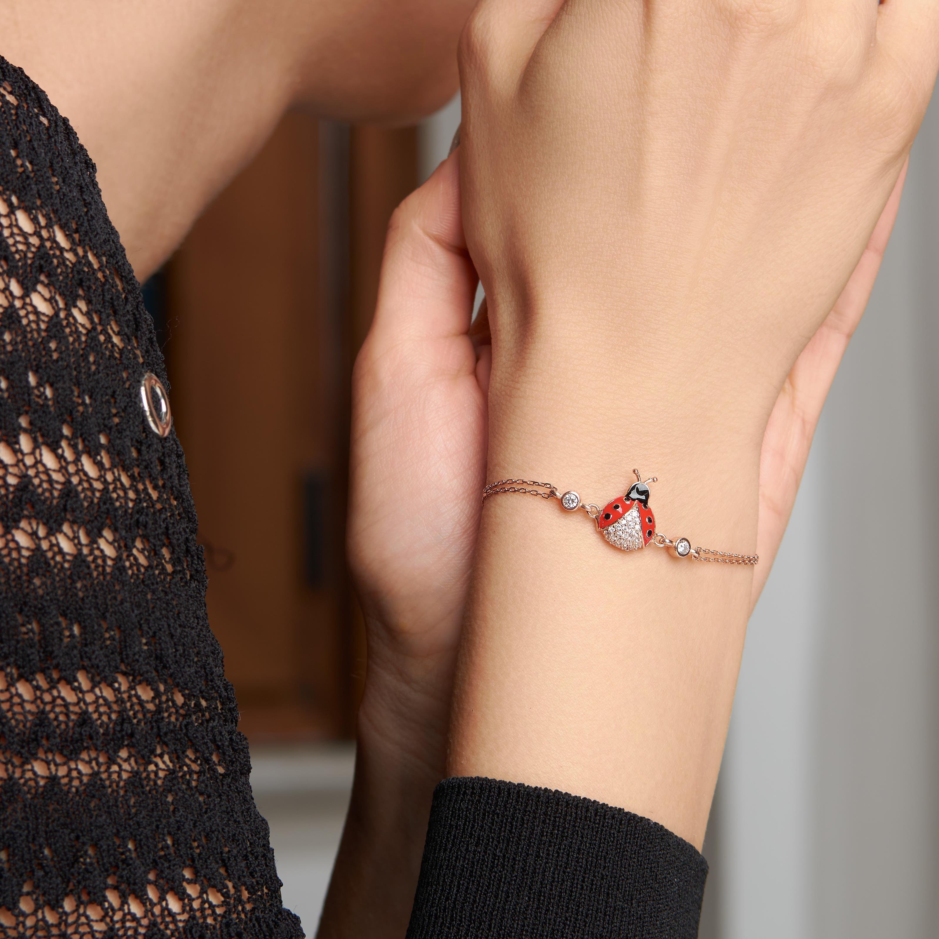 925 Ayar Rose Kaplama Uğur Böcekli Gümüş Bileklik