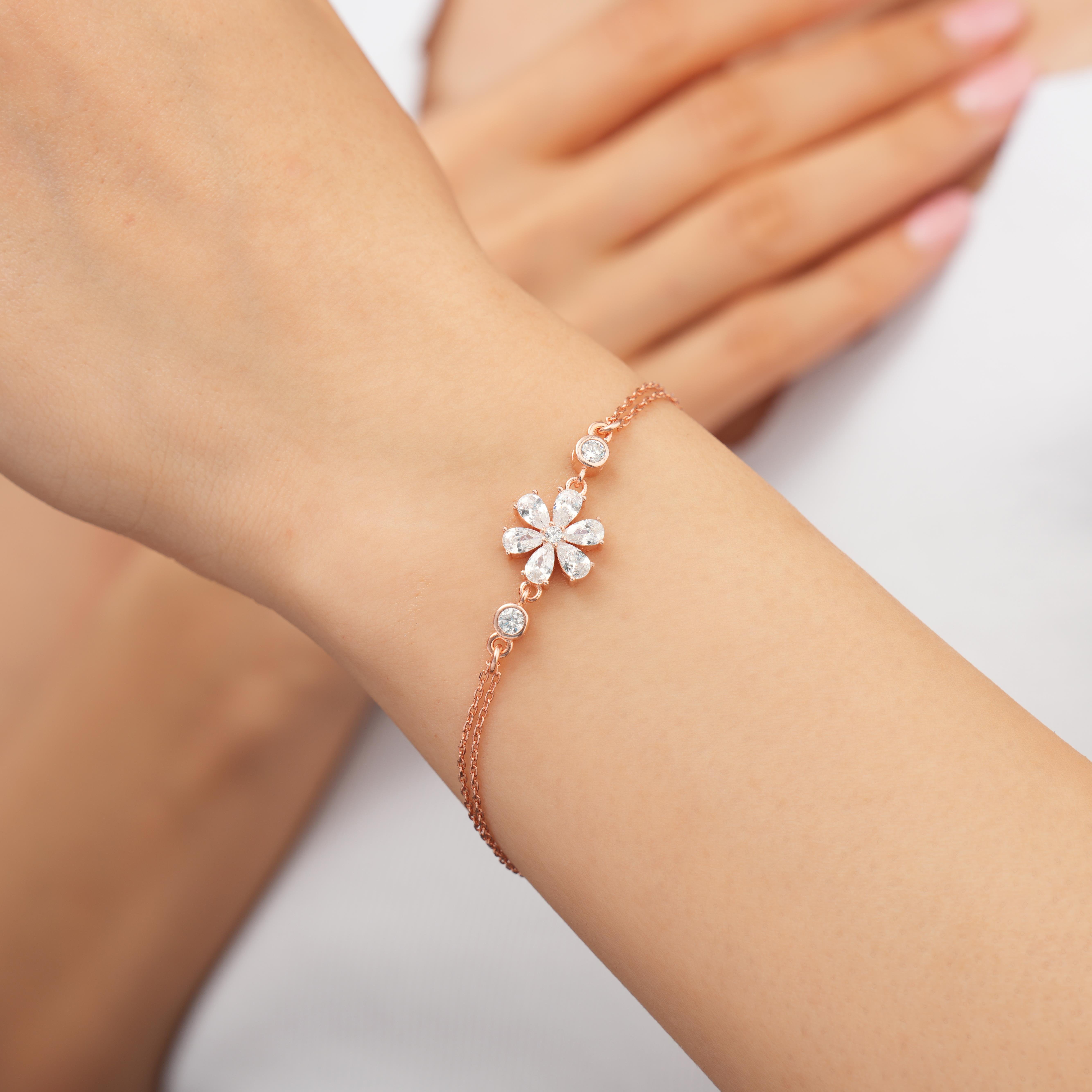 925 AYAR ROSE KAPLAMA ZİRKON TAŞLI ÇİÇEK MODEL GÜMÜŞ BİLEKLİK