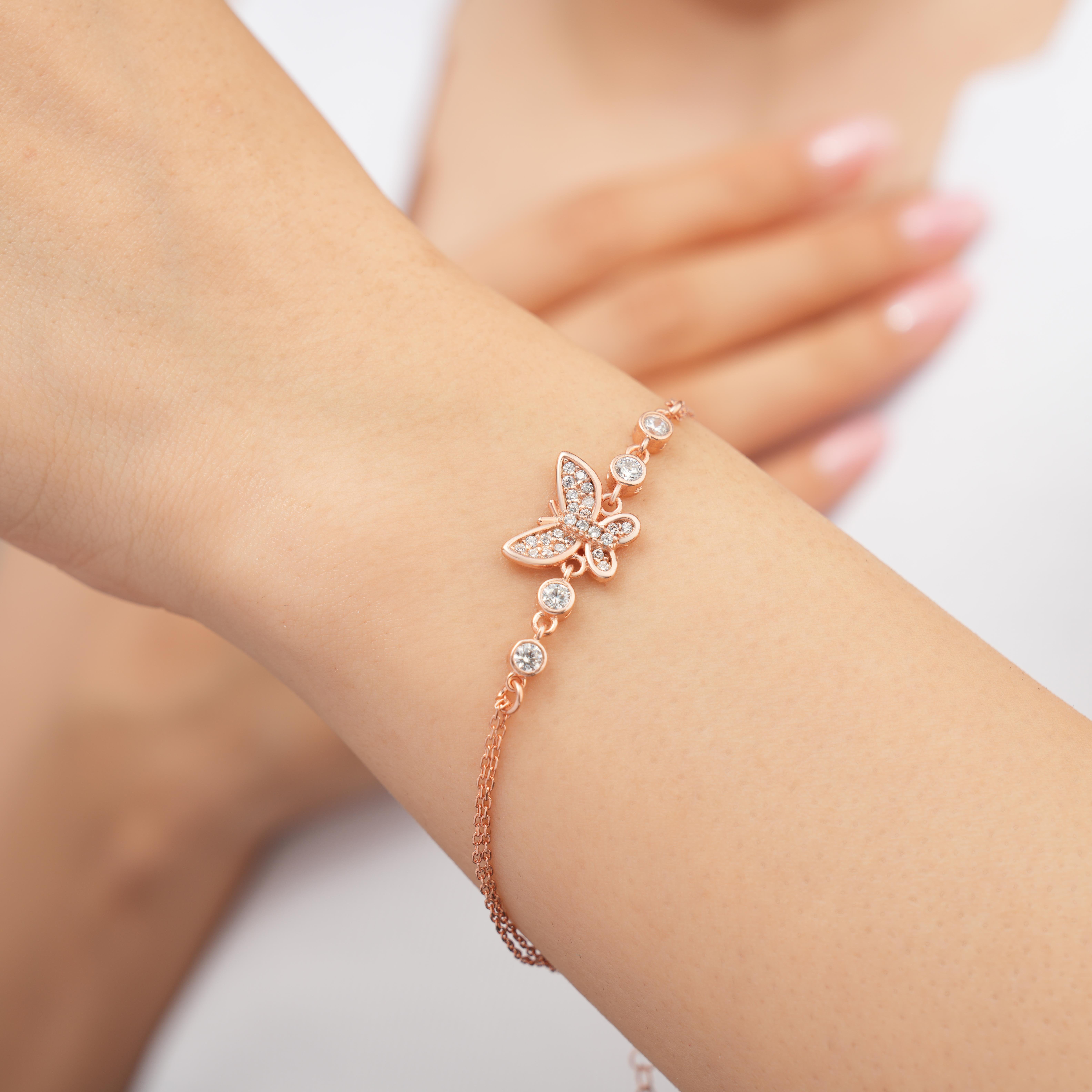 925 AYAR ROSE KAPLAMA ZİRKON TAŞLI KELEBEK MODEL GÜMÜŞ BİLEKLİK