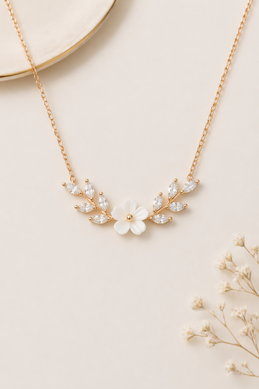 925 AYAR ROSE KAPLSAMA MANOLYA ÇİÇEKLİ YAPRAK MODEL GÜMÜŞ KOLYE