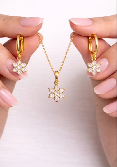925 AYAR SARI ALTIN KAPLAMA ÇİÇEK MODEL  İKİLİ GÜMÜŞ SET
