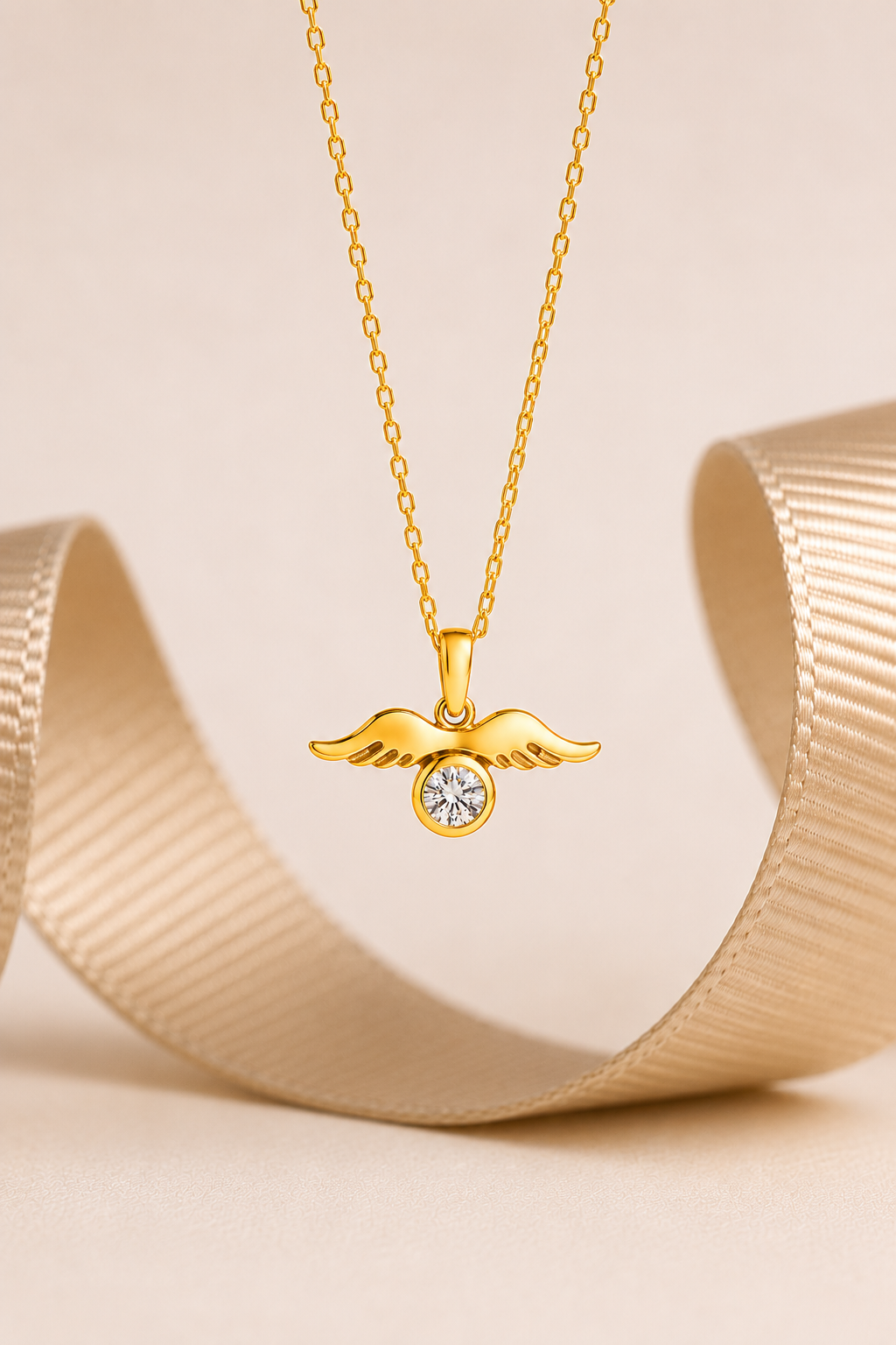 925 AYAR SARI ALTIN KAPLAMA  SWAROVSKİ TAŞLI  MELEK KANADI GÜMÜŞ KOLYE