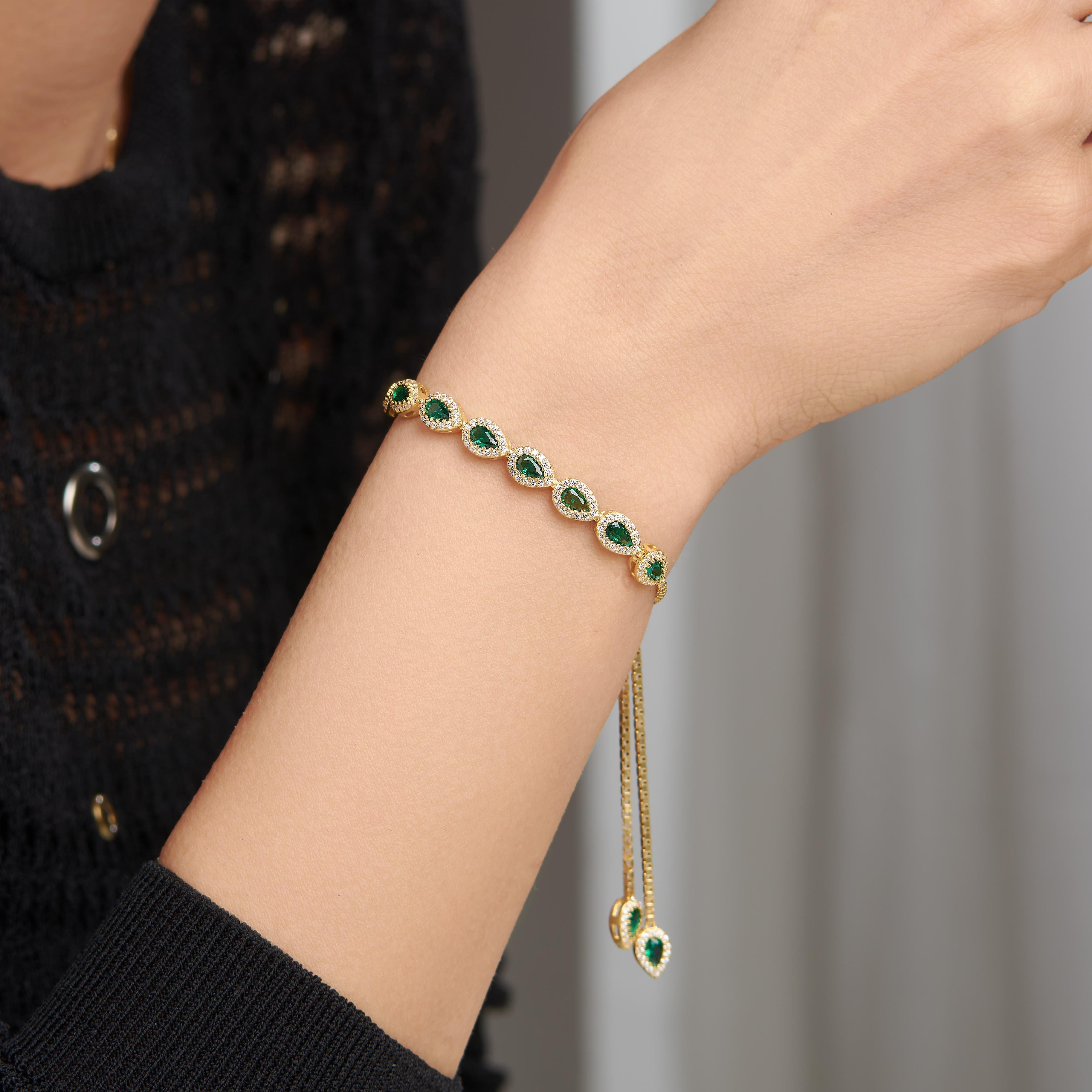 925 Ayar Sarı Altın Kaplama Zümrüt Taşlı Asansörlü Bileklik