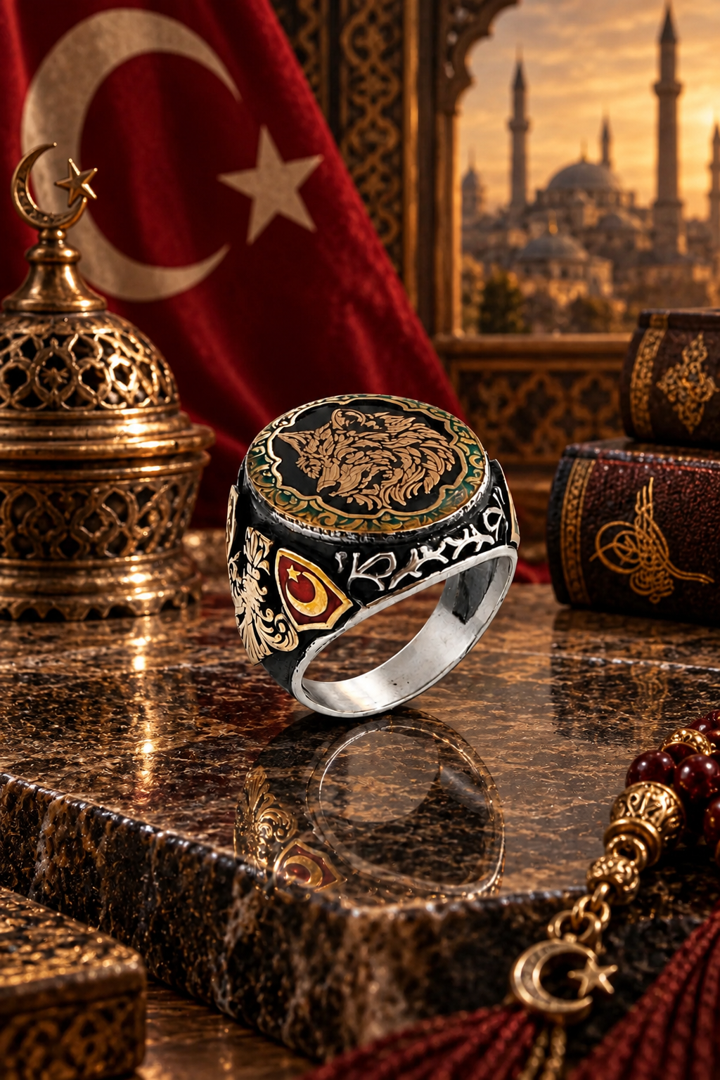 925 AYAR SİYAH MİNE ÜZERİNE KURT KAFASI ERKEK GÜMÜŞ YÜZÜK