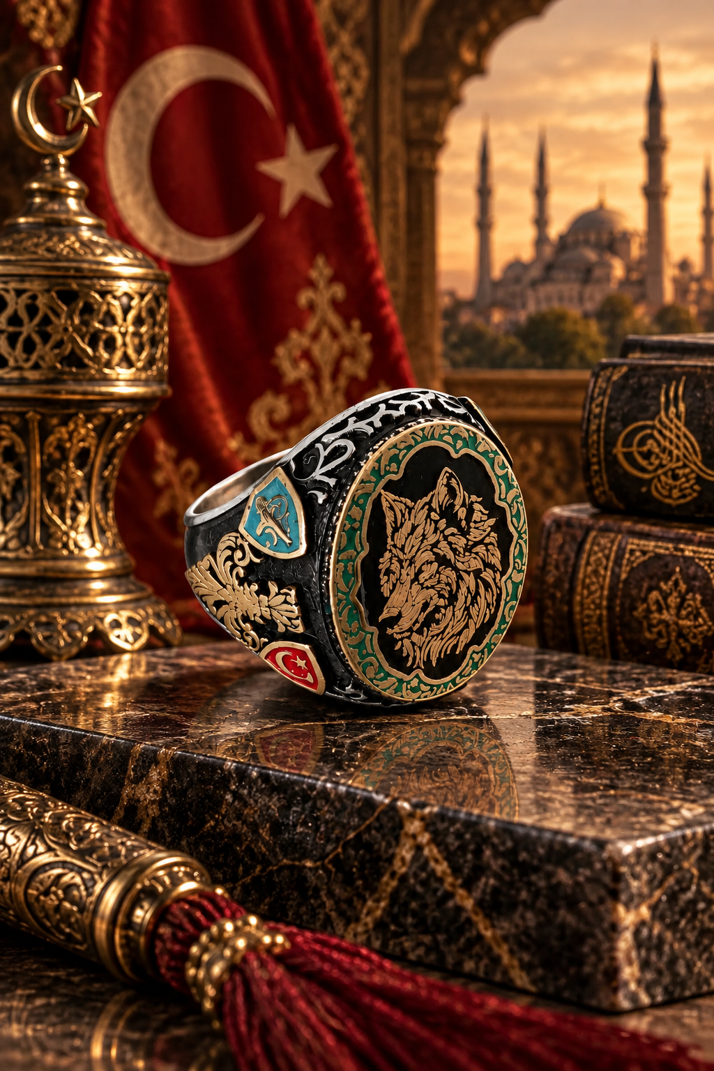 925 AYAR SİYAH MİNE ÜZERİNE KURT KAFASI ERKEK GÜMÜŞ YÜZÜK