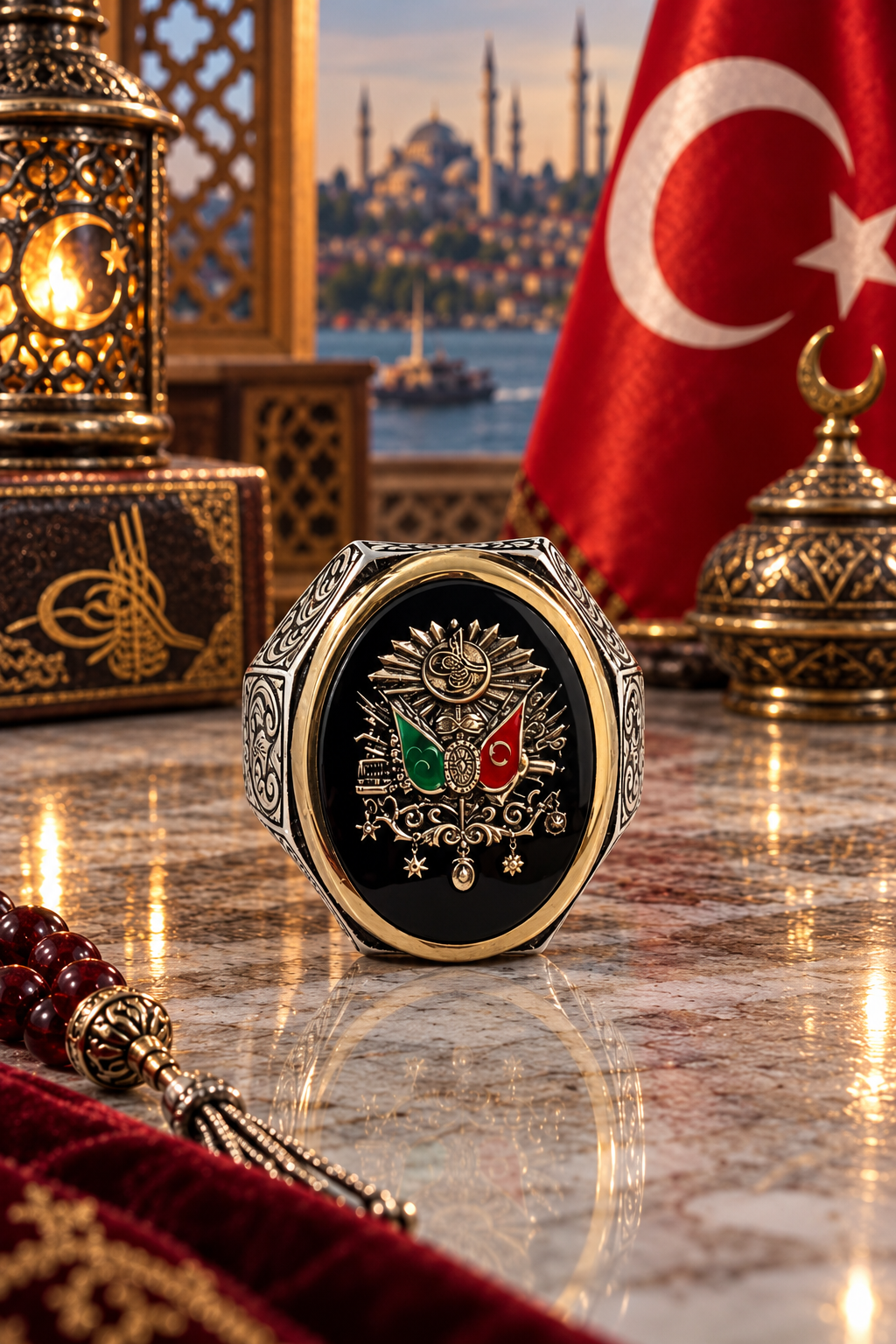 925 AYAR SİYAH MİNE ÜZERİNE  OSMANLI DEVLET ARMASDI ERKEK GÜMÜŞ YÜZÜK