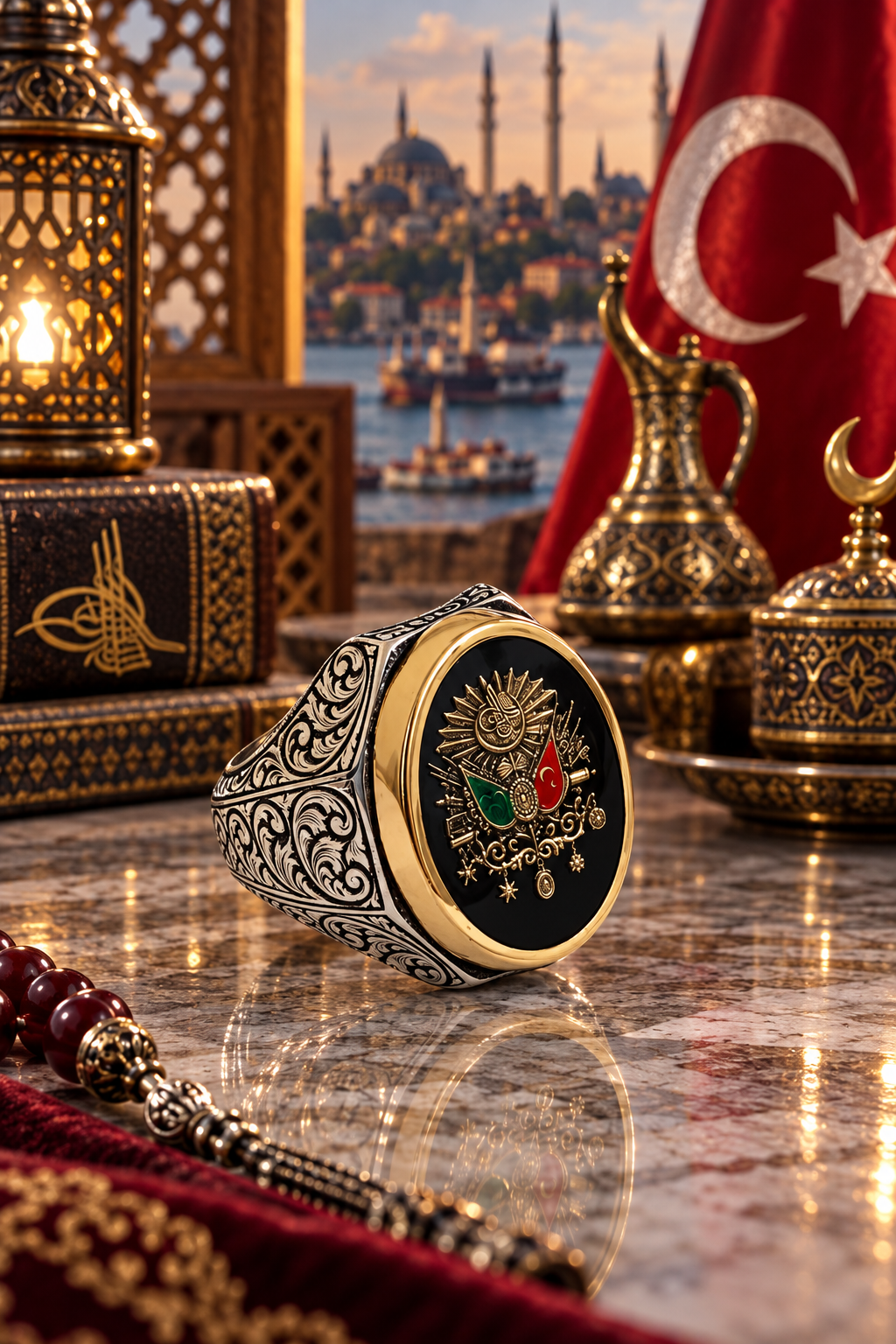 925 AYAR SİYAH MİNE ÜZERİNE  OSMANLI DEVLET ARMASDI ERKEK GÜMÜŞ YÜZÜK