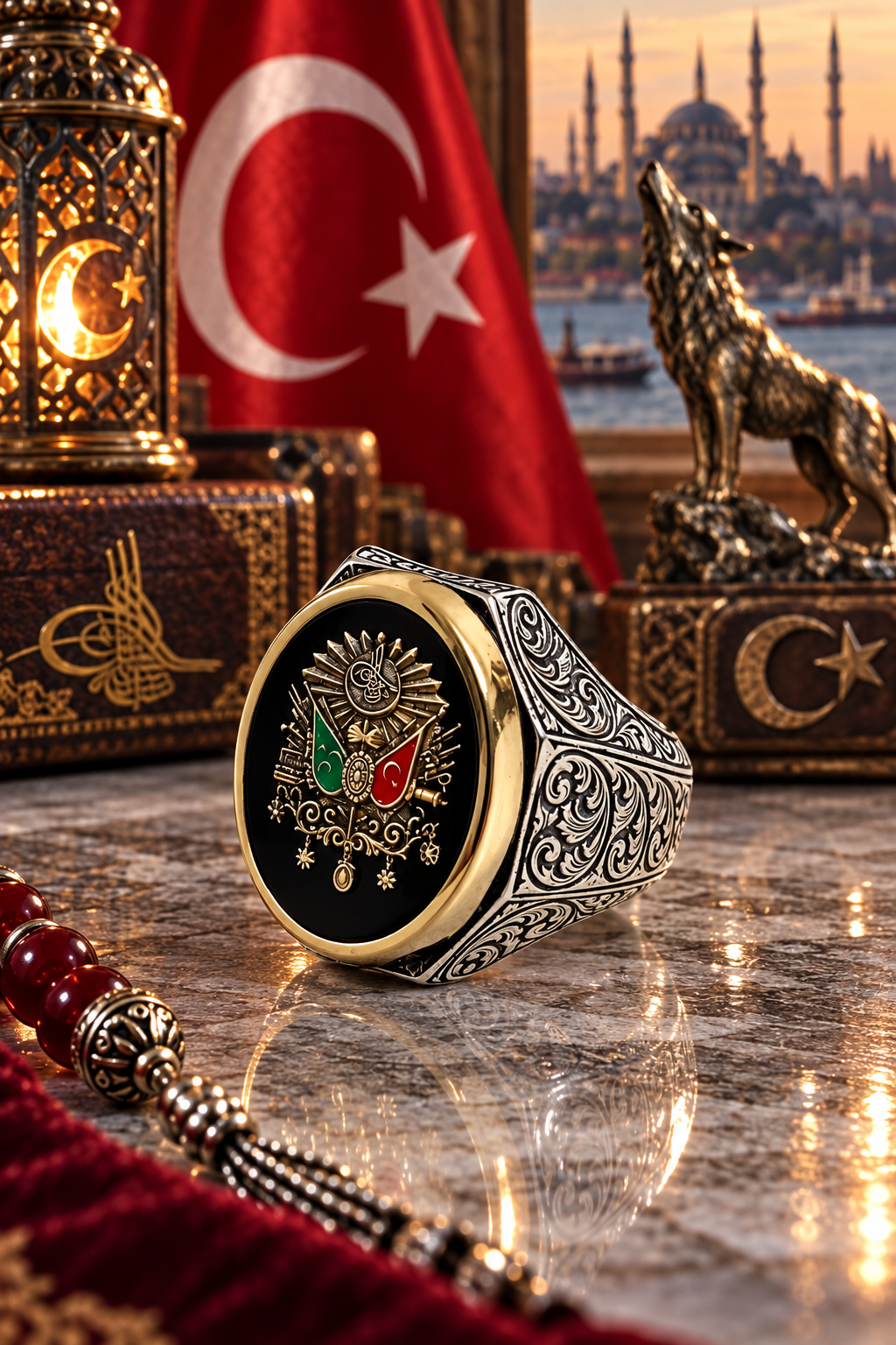925 AYAR SİYAH MİNE ÜZERİNE  OSMANLI DEVLET ARMASDI ERKEK GÜMÜŞ YÜZÜK
