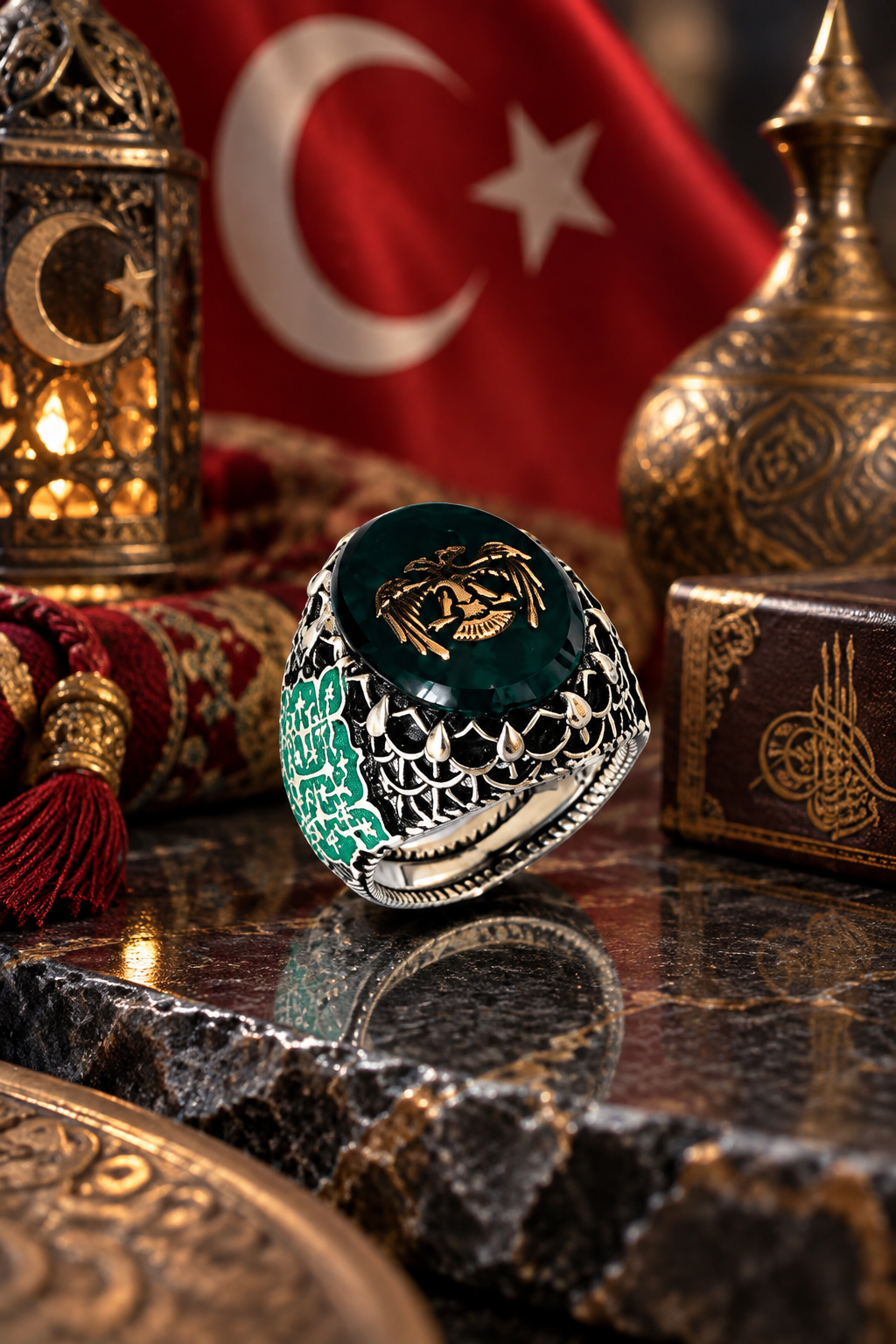 925 AYAR YEŞİL AKİK TAŞLI OSMANLI DEVLET ARMALI ERKEK GÜMÜŞ YÜZÜK