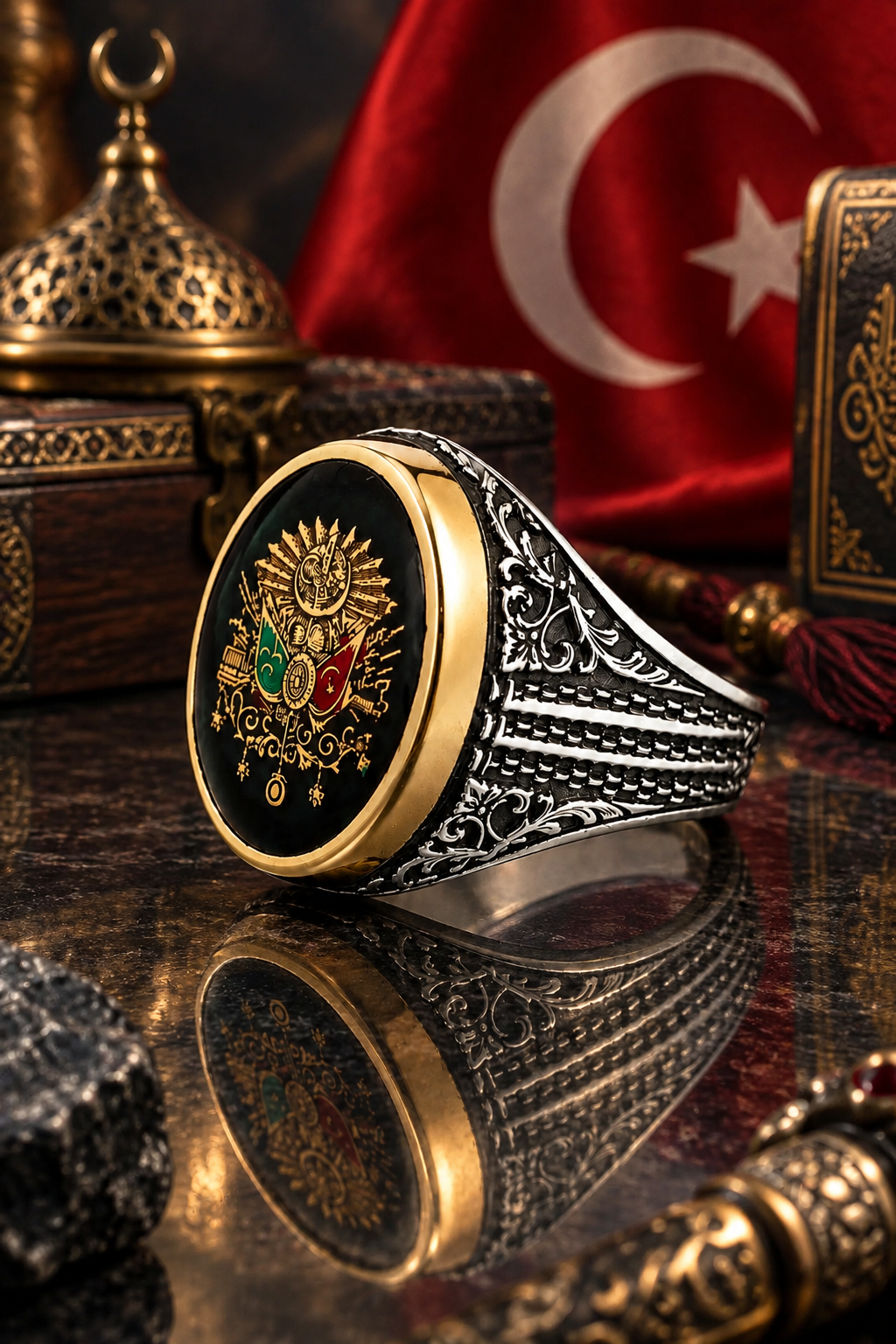 925 AYAR YEŞİL MİNE ÜZERİNE OSMANLI DEVLET ARMALI  ERKEK  GÜMÜŞ YÜZÜK