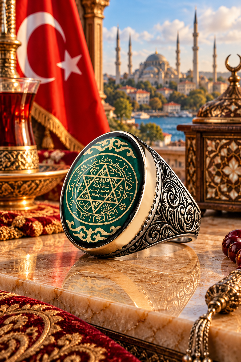 925 AYAR YEŞİL MİNE ÜZERİNE SÜLEYMAN MÜHRÜ GÜMÜŞ YÜZÜK