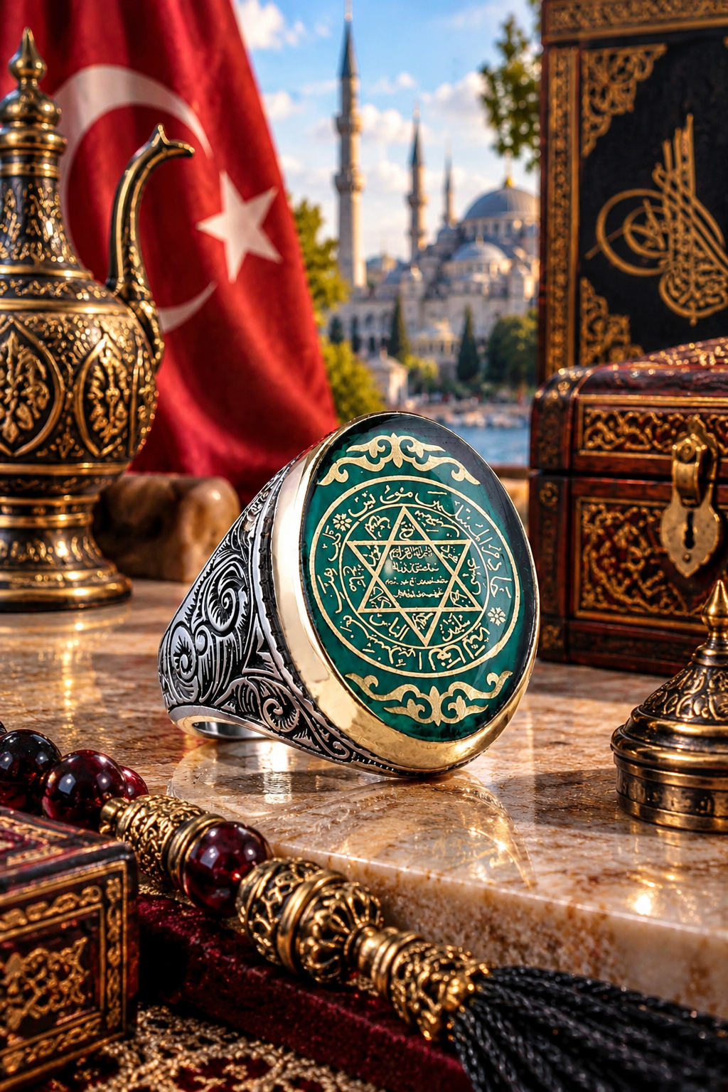 925 AYAR YEŞİL MİNE ÜZERİNE SÜLEYMAN MÜHRÜ GÜMÜŞ YÜZÜK