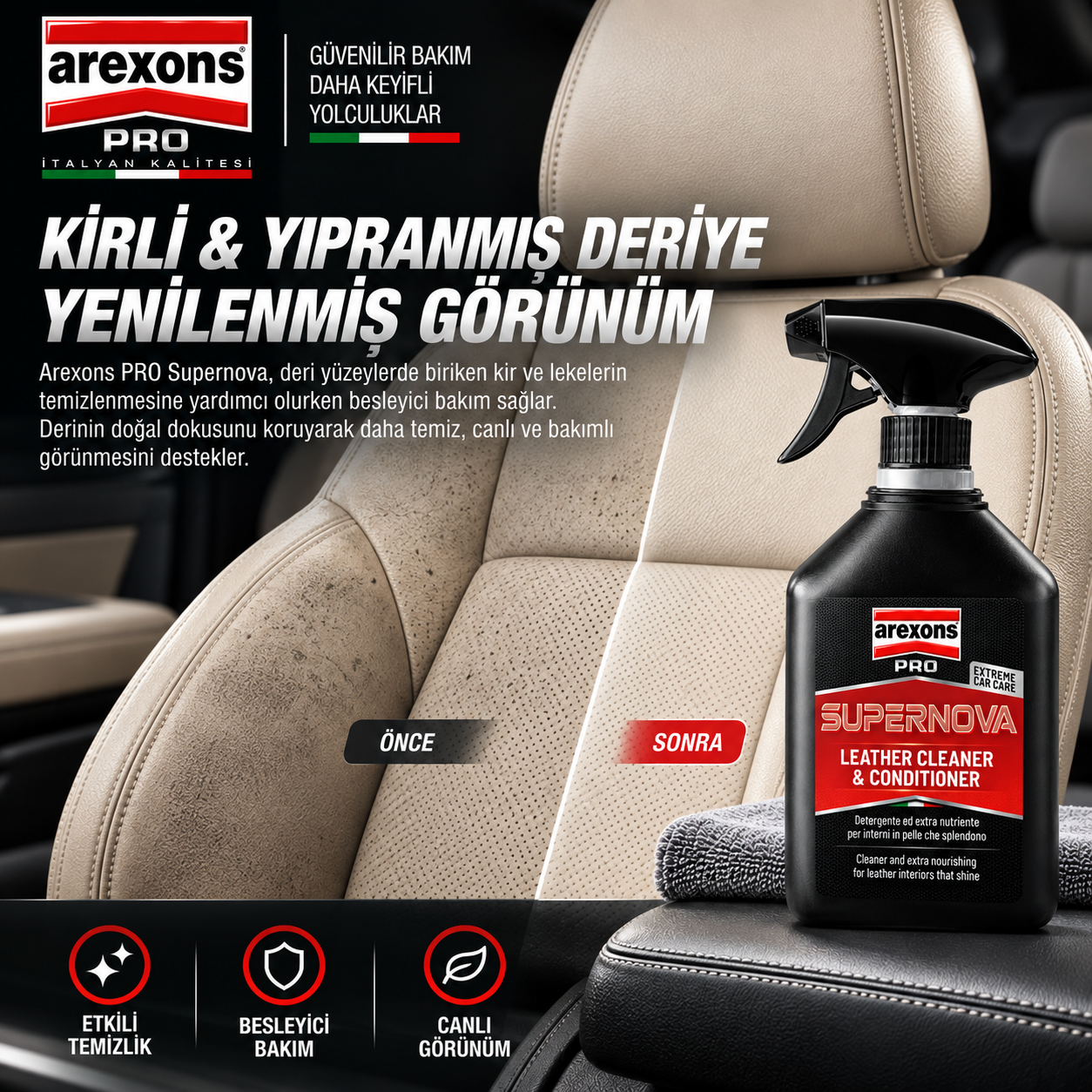 Arexons SUPERNOVA - Deri Temizleyici Yenileyici ve Bakım Spreyi 500 ml | Auton Detail | Arexons