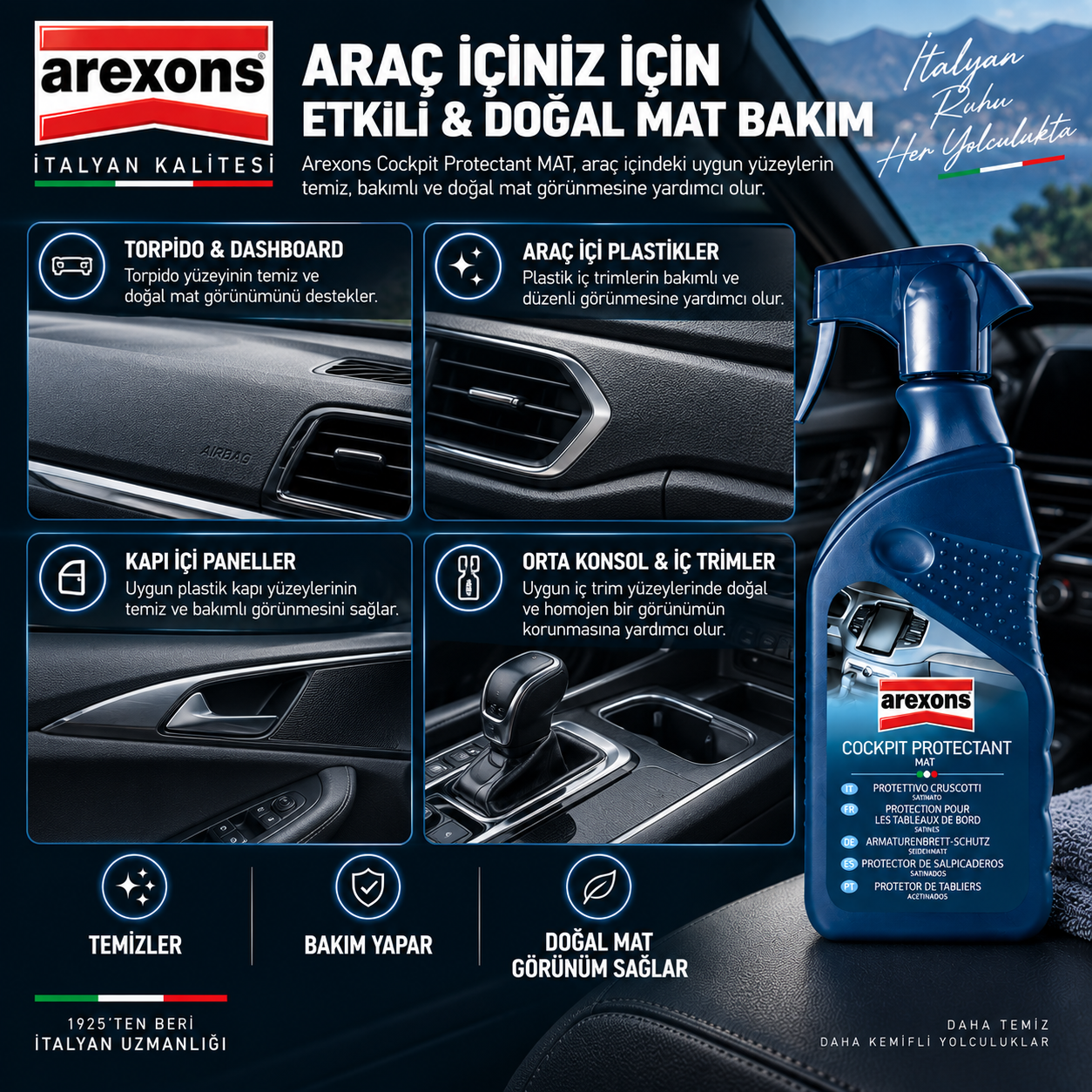 Arexons Torpido Temizleyici Koruyucu Bakım Kremi Mat 400 ml | Auton Detail | Arexons