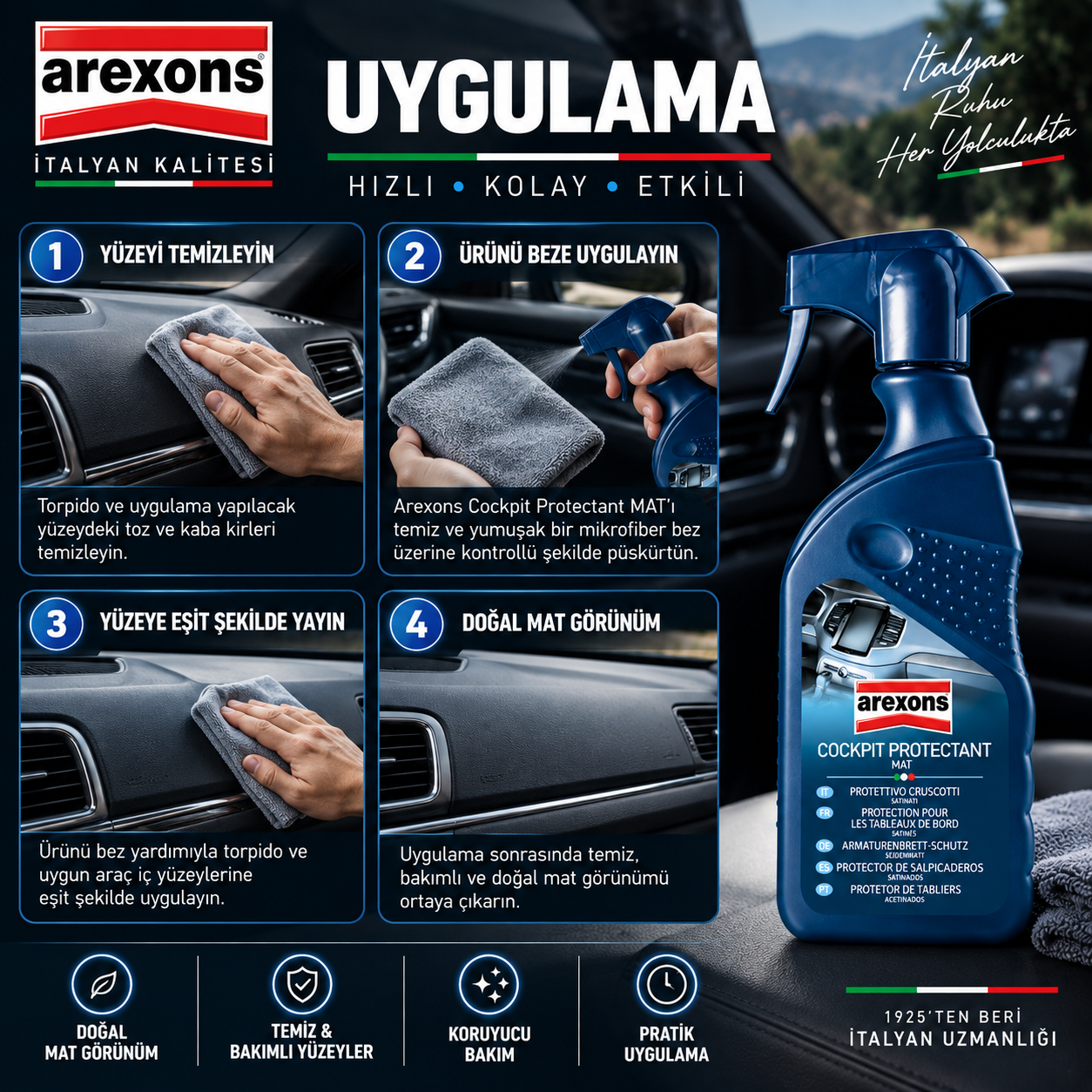 Arexons Torpido Temizleyici Koruyucu Bakım Kremi Mat 400 ml | Auton Detail | Arexons