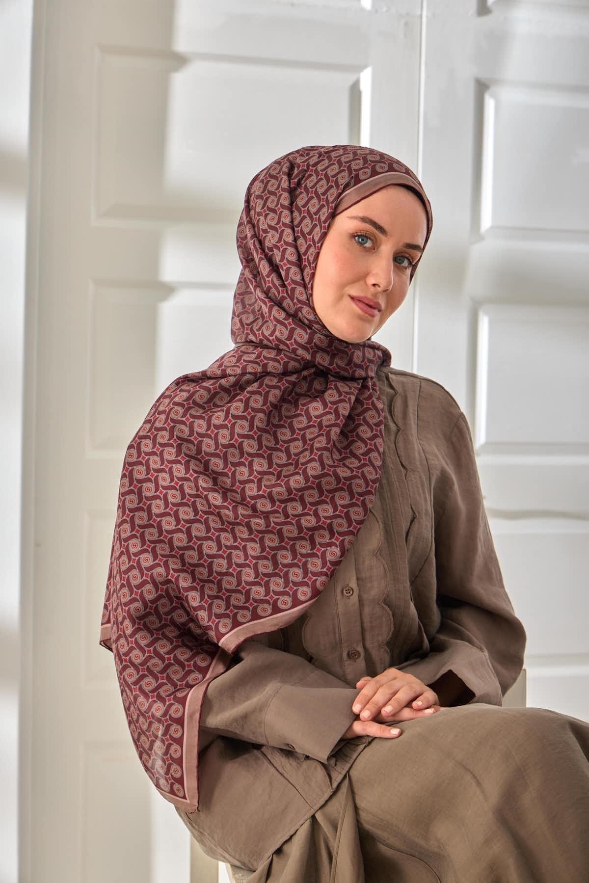 %100 Vual İpek Şal Bordo Vizon Kırmızı Desenli 70x190