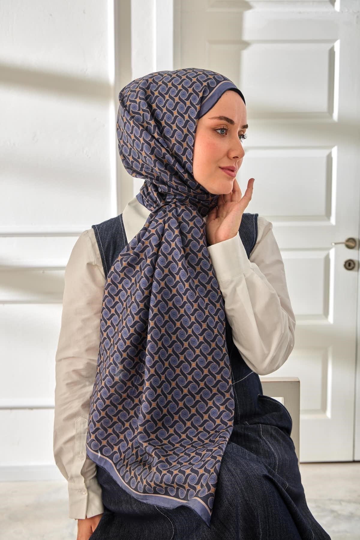 %100 Vual İpek Şal Desenli İndigo Tonlu 70x190