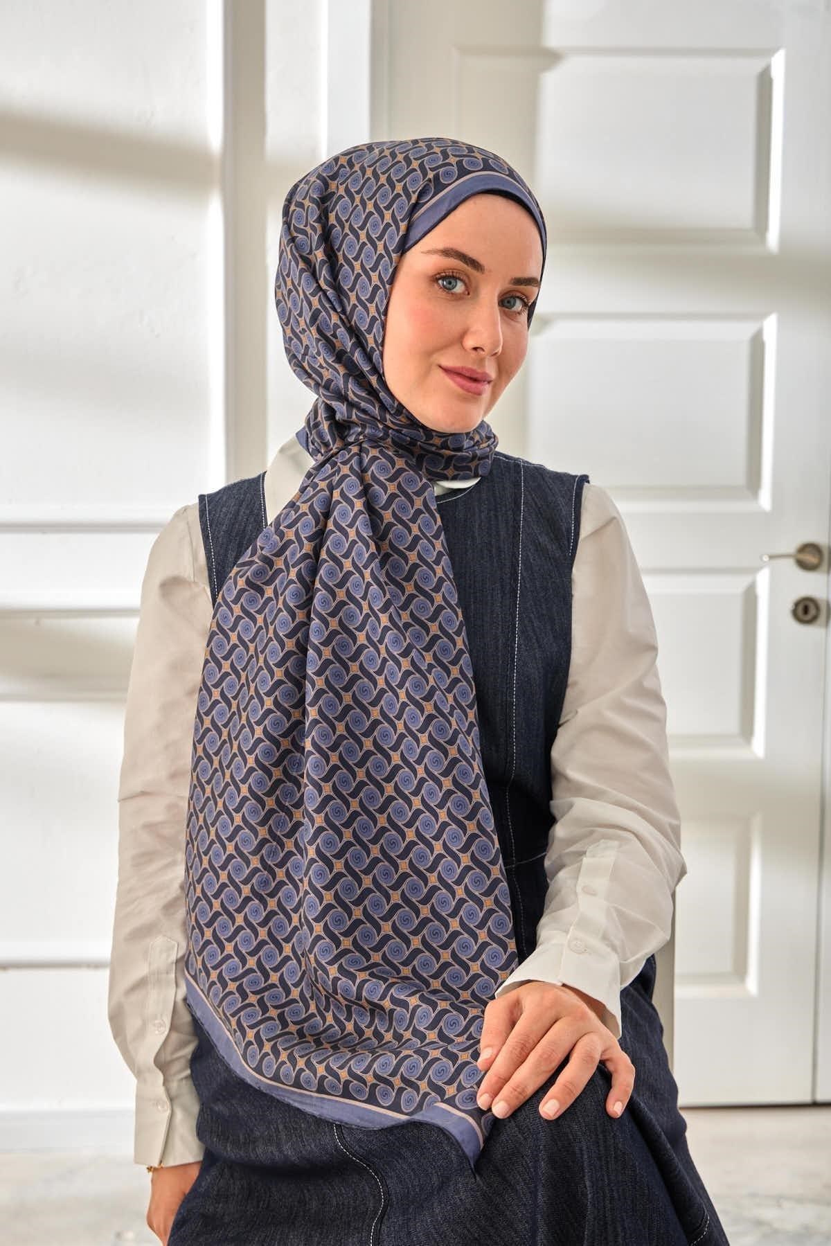 %100 Vual İpek Şal Desenli İndigo Tonlu 70x190