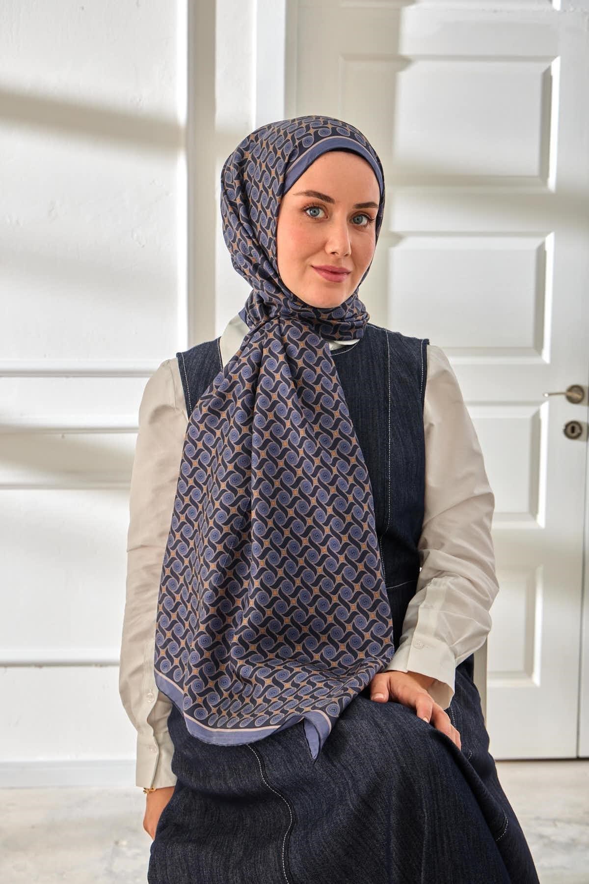 %100 Vual İpek Şal Desenli İndigo Tonlu 70x190