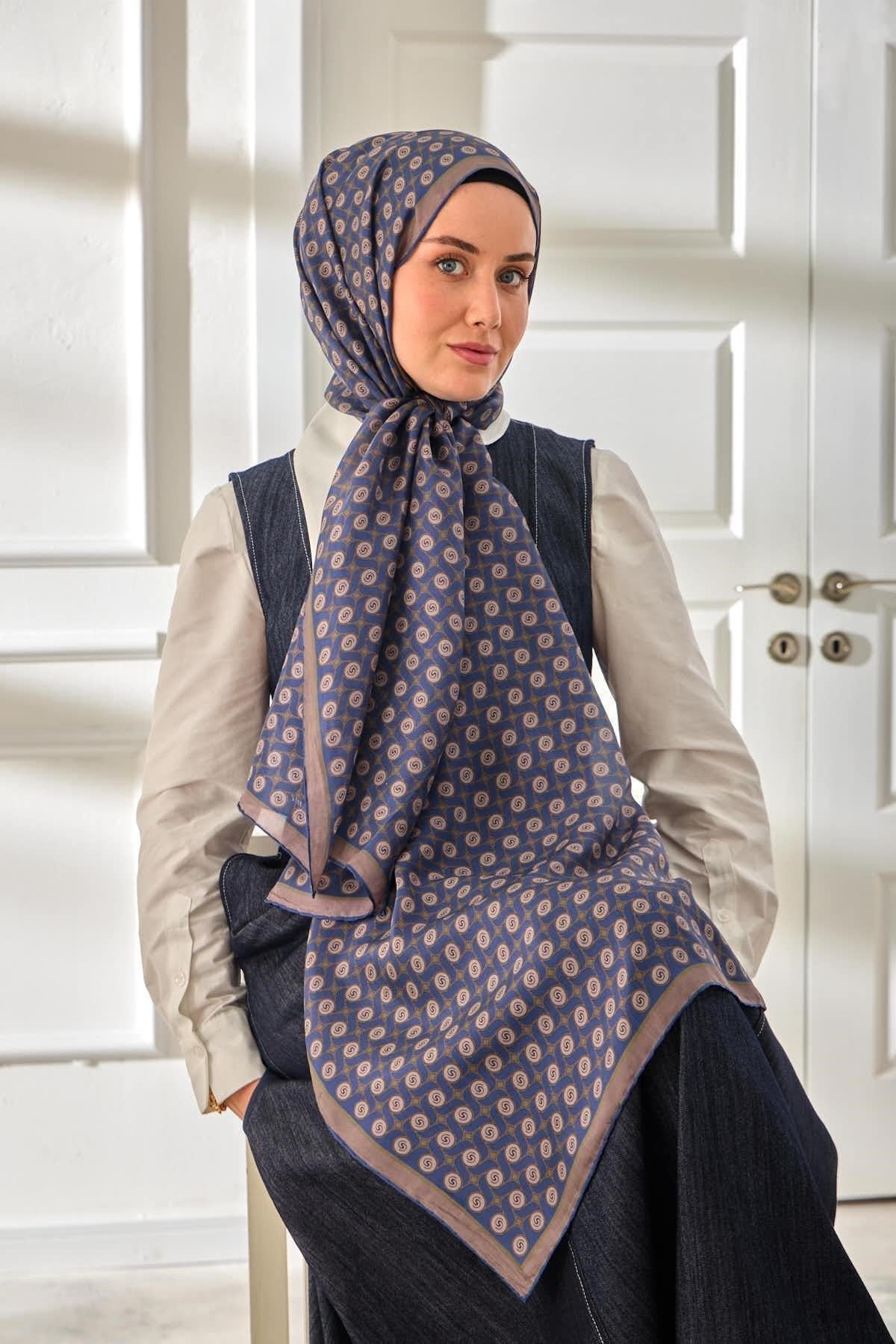 %100 Vual İpek Şal Desenli İndigo Tonlu 70x190